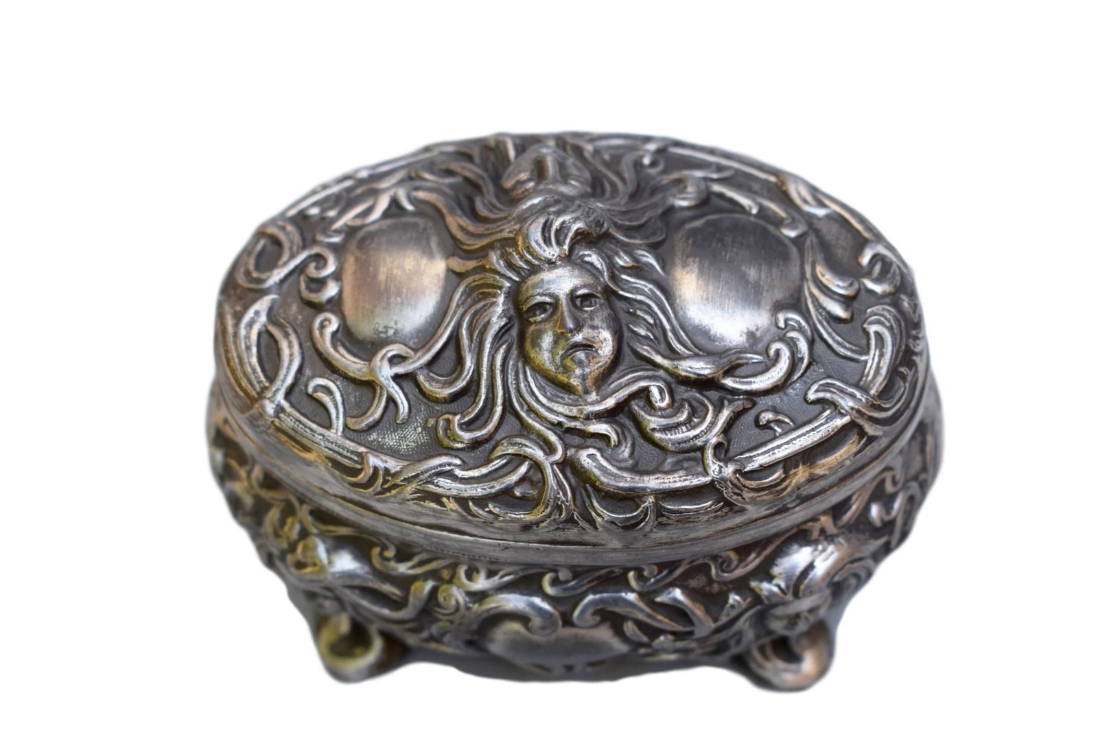 French Antique Art Nouveau Silver Casket Box   Woman Faces Box   Wmf Style Jewelry Case   Ornate Lidded Box photo furniture