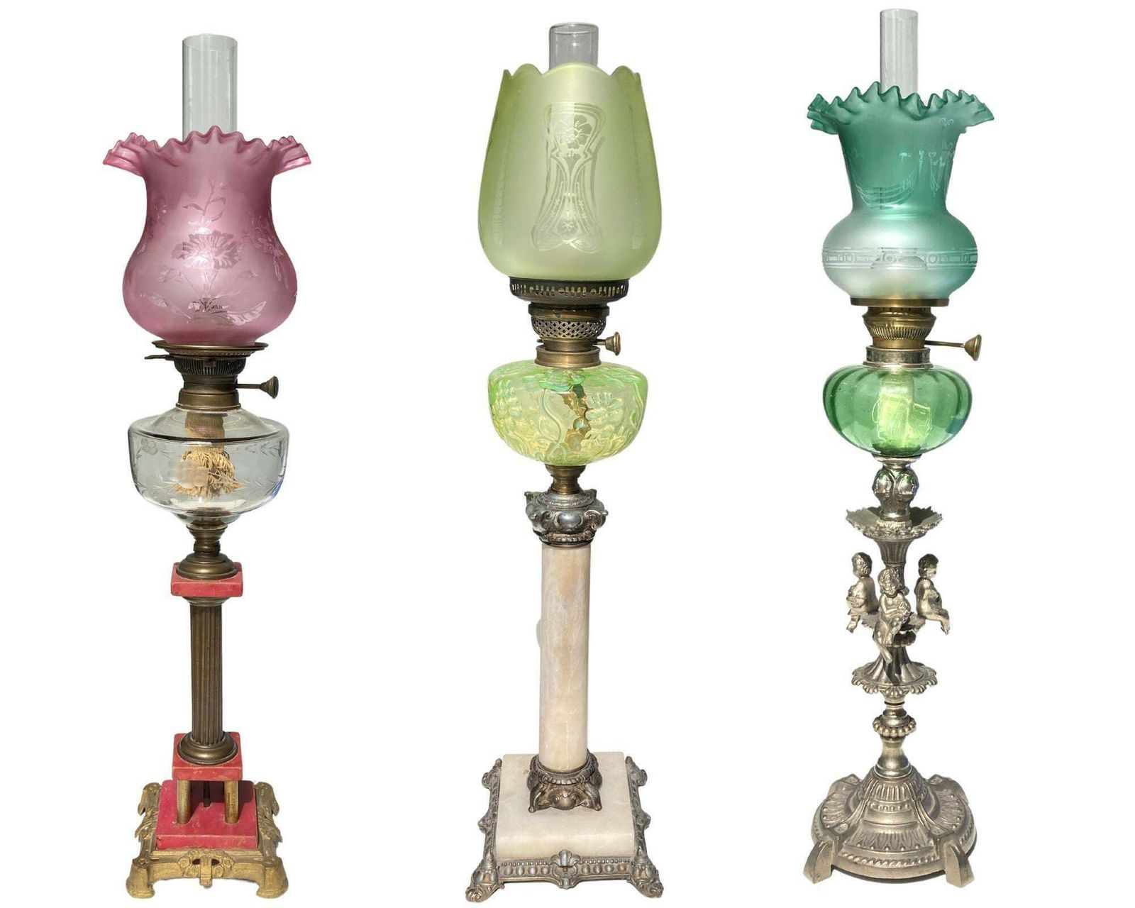 Art Nouveau Oil Lamp | 1pcs | Antique Crystal Marble Lamp | Lime Green  | Approx. 1890