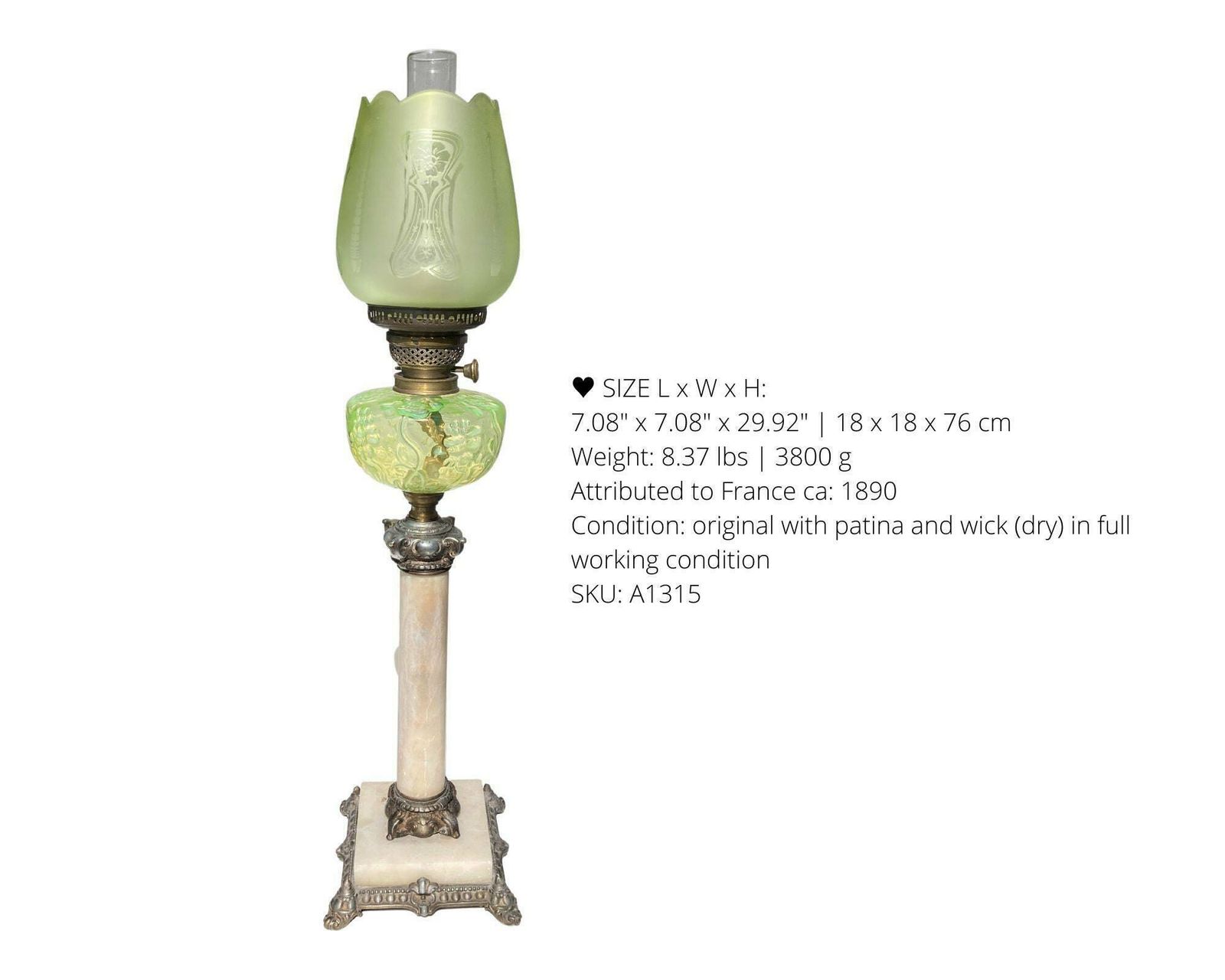 Art Nouveau Oil Lamp | 1pcs | Antique Crystal Marble Lamp | Lime Green  | Approx. 1890 photo furniture