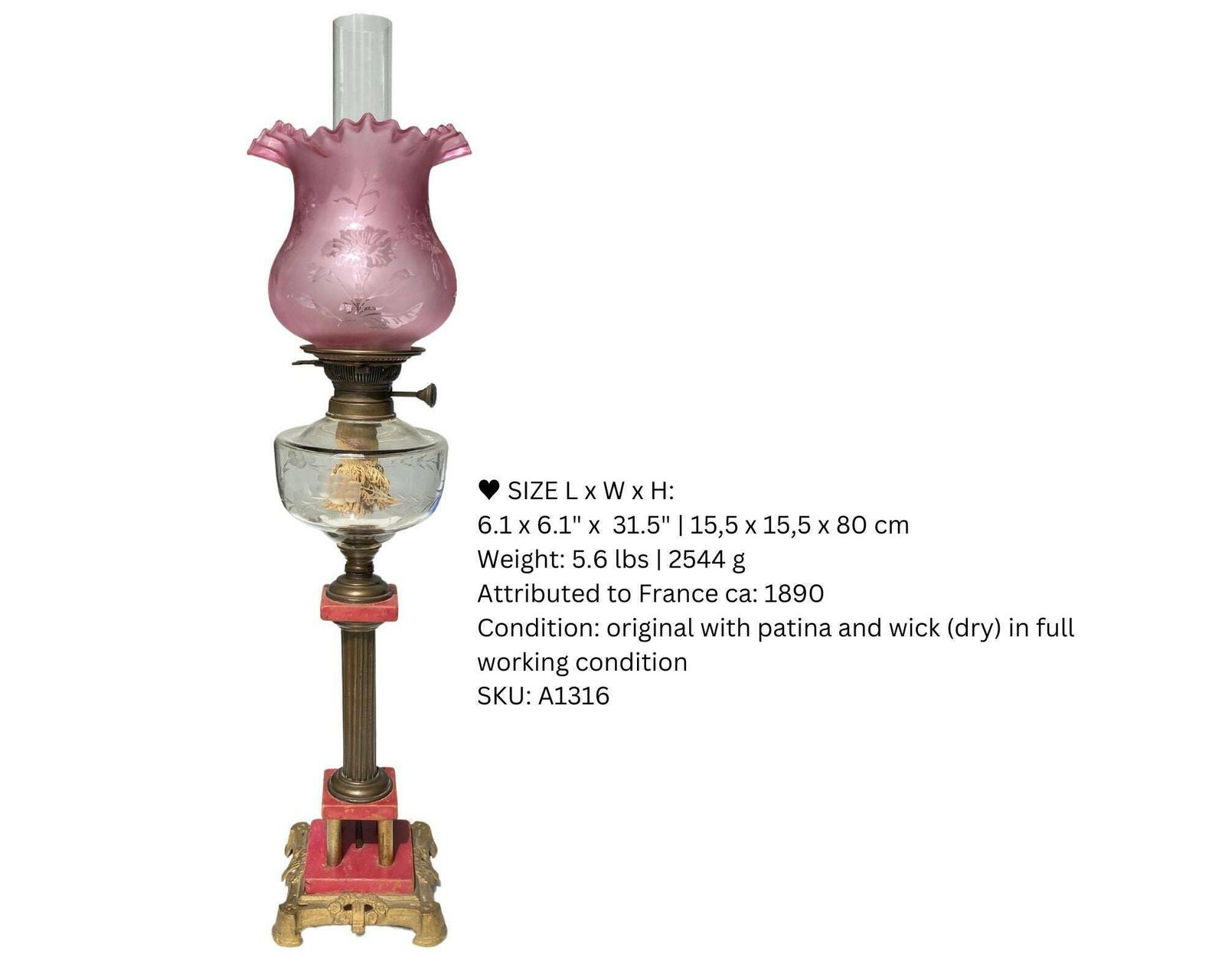 Art Nouveau Oil Lamp | 1pcs | Antique Crystal Marble Lamp | Lime Green  | Approx. 1890 photo buy