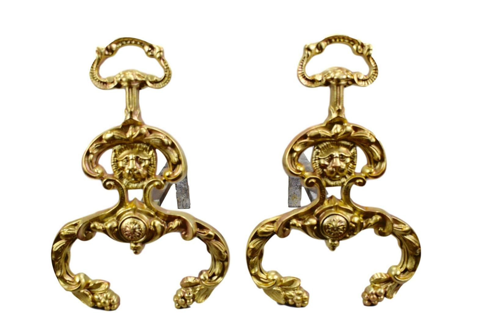 French Antique Gold Tone Patina Bronze Lion Andirons