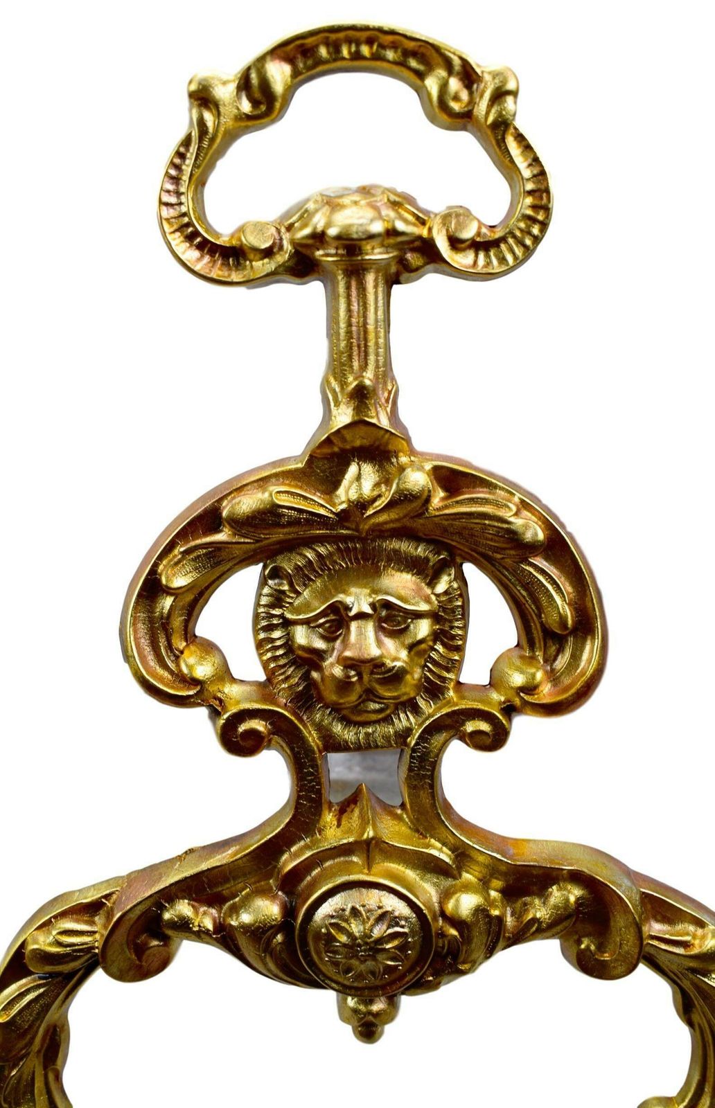 French Antique Gold Tone Patina Bronze Lion Andirons photo for sale