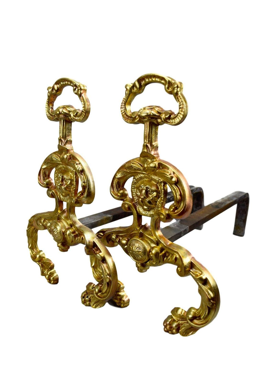 French Antique Gold Tone Patina Bronze Lion Andirons photo buy