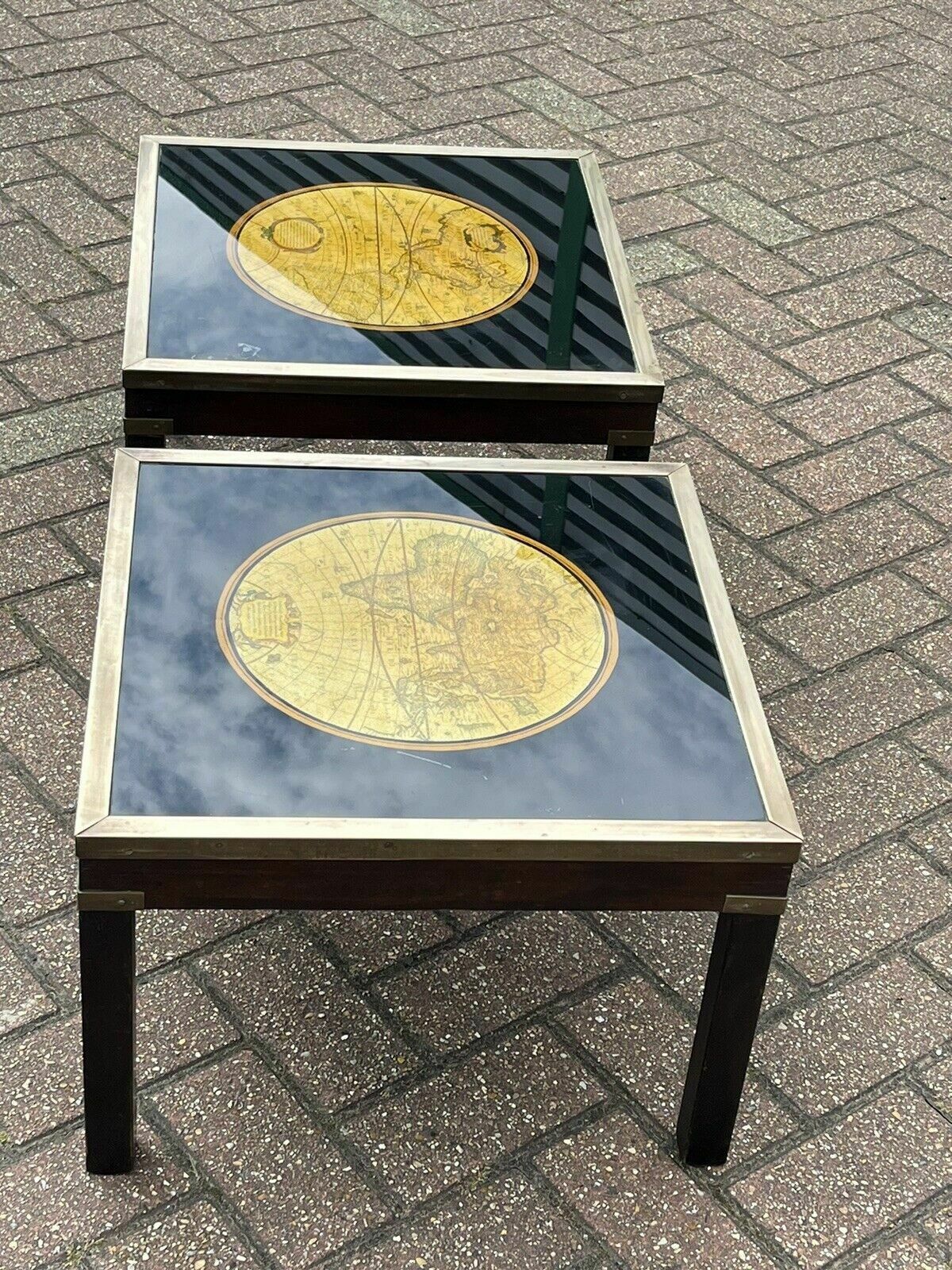 Pair Of Military Style Brass Bound Map Coffee Tables, Lamp Tables, Side Tables photo for sale
