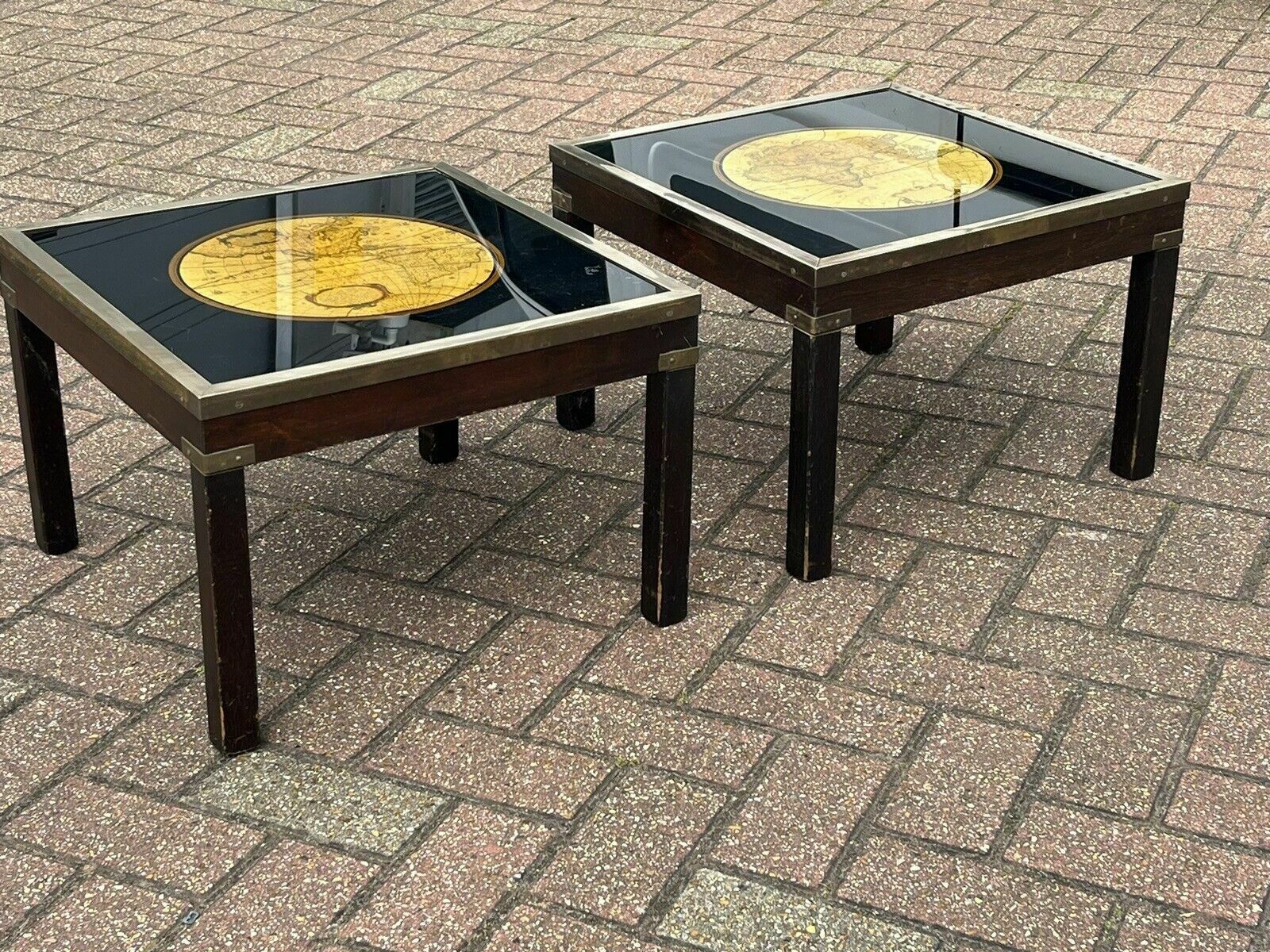 Pair Of Military Style Brass Bound Map Coffee Tables, Lamp Tables, Side Tables photo vinterior