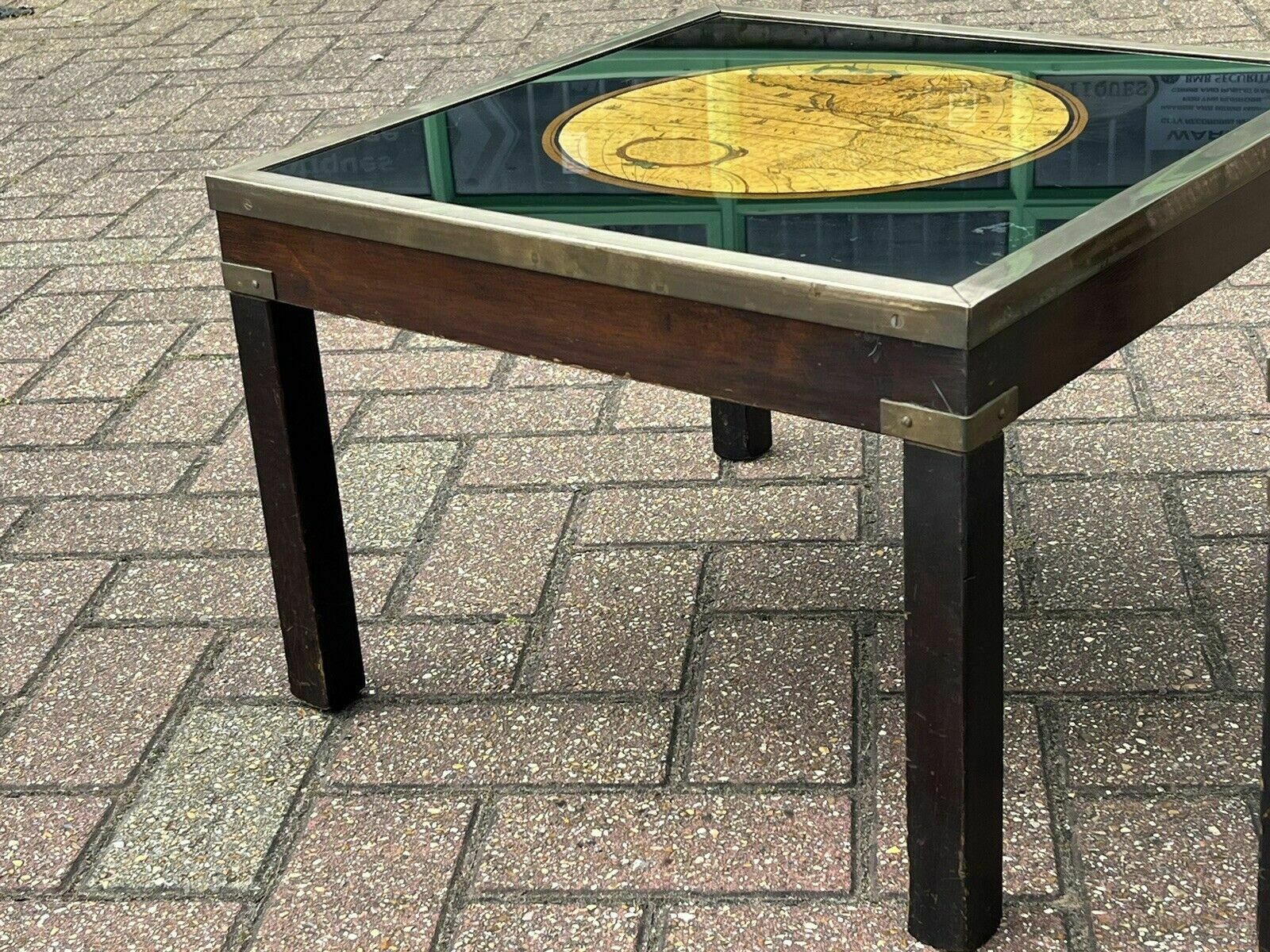 photo for sale Pair Of Military Style Brass Bound Map Coffee Tables, Lamp Tables, Side Tables