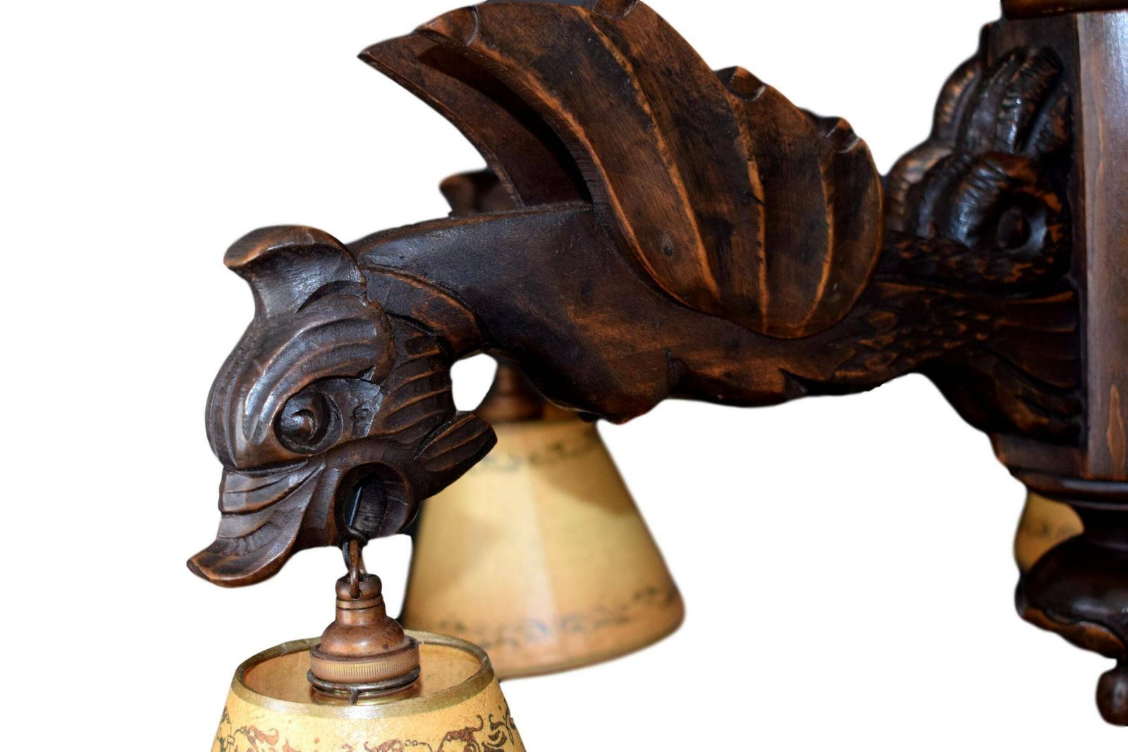 French Antique Victorian Hand Carved Wood Large Chandelier Chimera 5 Lights photo Lighting