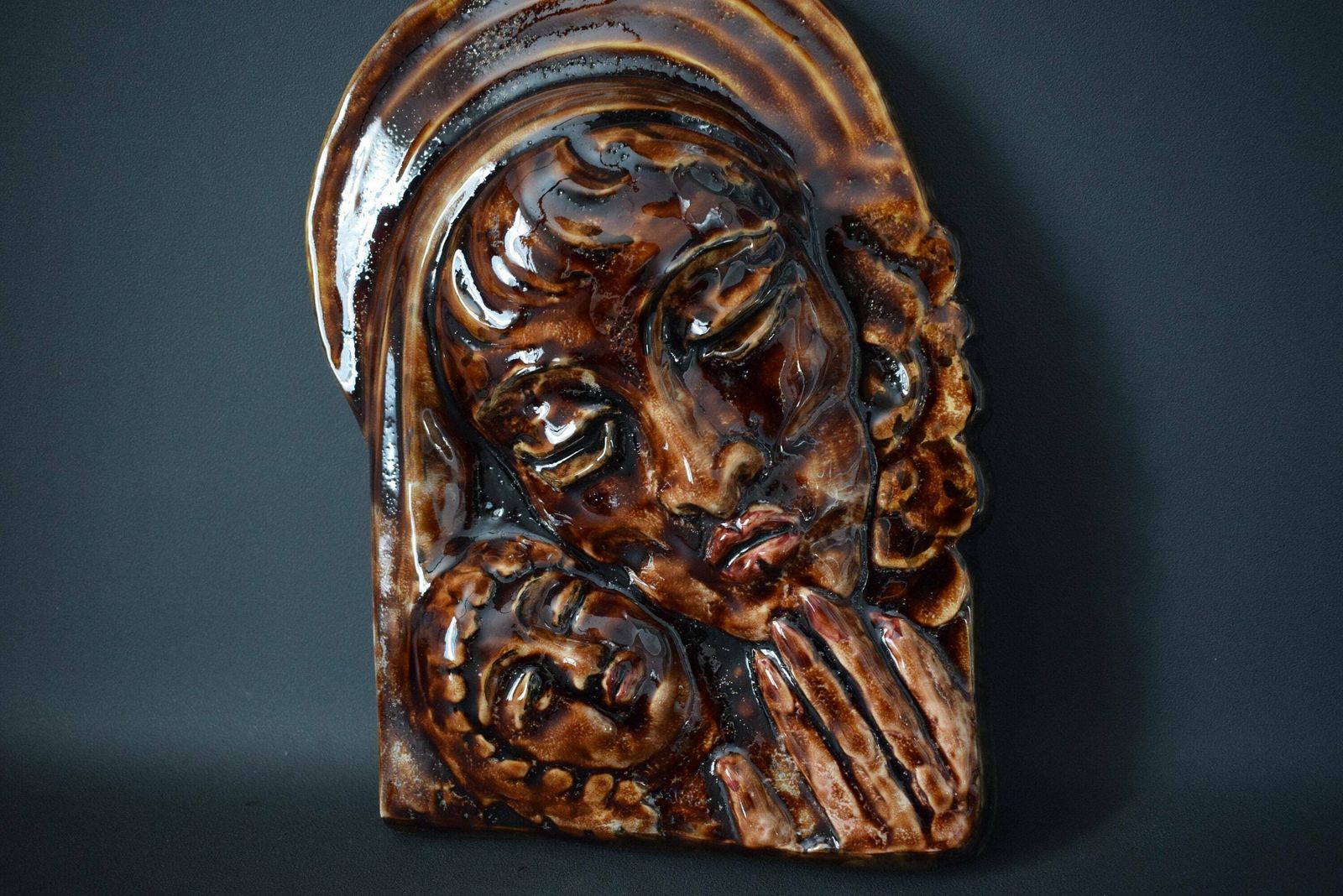 Religious Majolica Plaque Virgin With Child Aegitna Vallauris photo 346.0