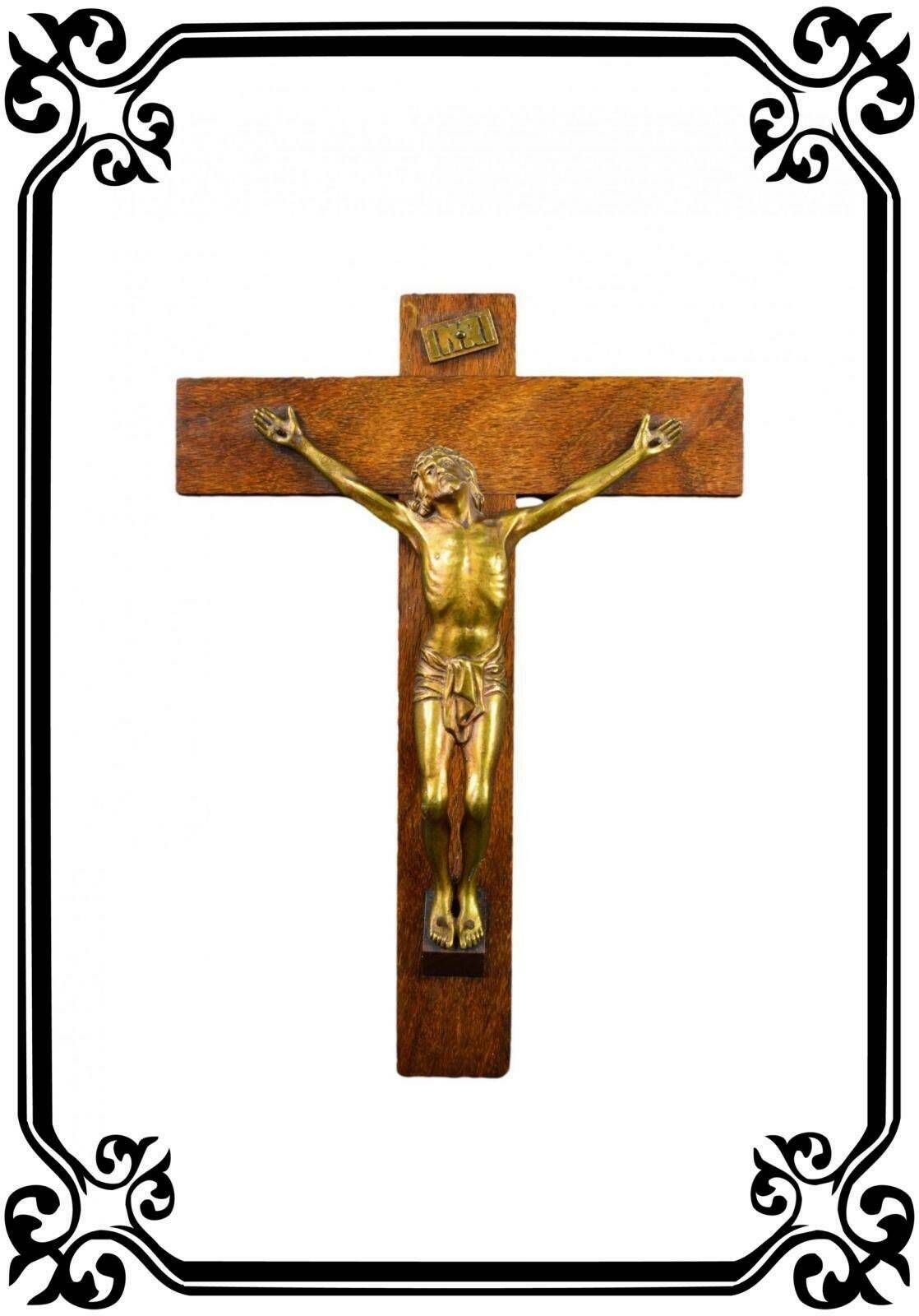 French Antique Large Wall Wood Gilt Bronze Cross Crucifix By Dorlia