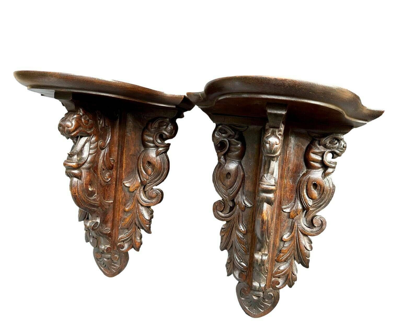 19th Architectural French Antique Pair Of Carved Wooden Console Chimera photo vintage