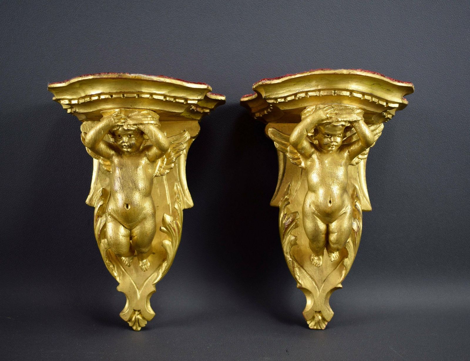 Antique French Pair Of Consoles Hand Carved Wood Angels Putto photo furniture
