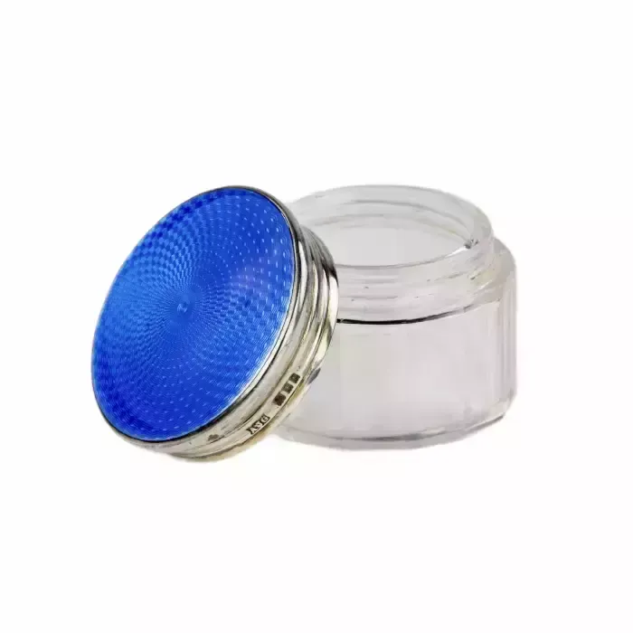 Ladies Glass Box With A Silver Guilloche Enamel Lid. England 20th Century. photo for sale