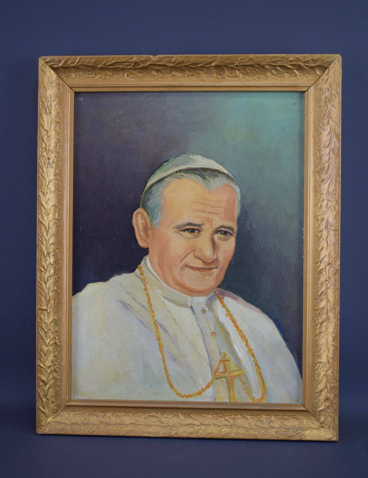 Pope John Paul II Portrait French Vintage Oil Painting On Panel photo furniture
