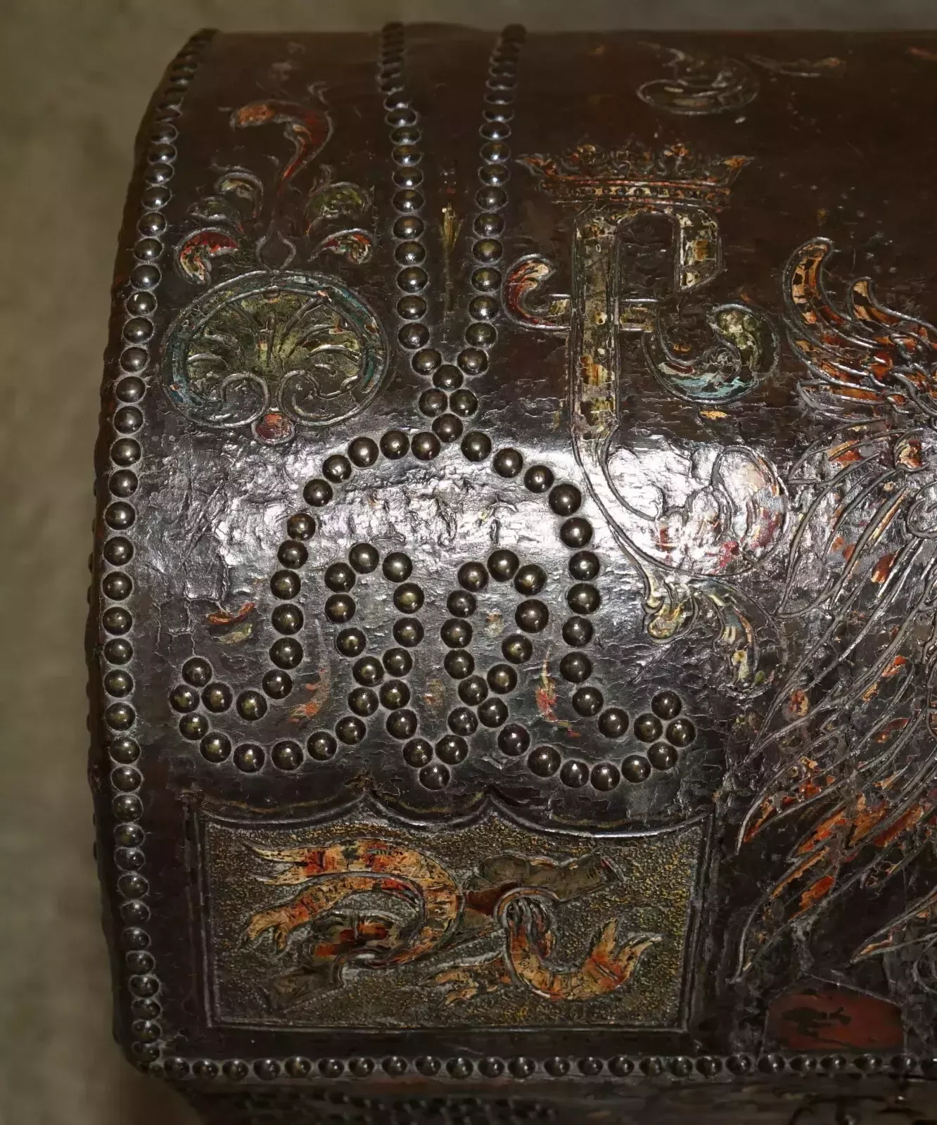 photo for sale 18th Century Polychrome Painted Leather Armorail Crest Trunk Carved Walnut Feet