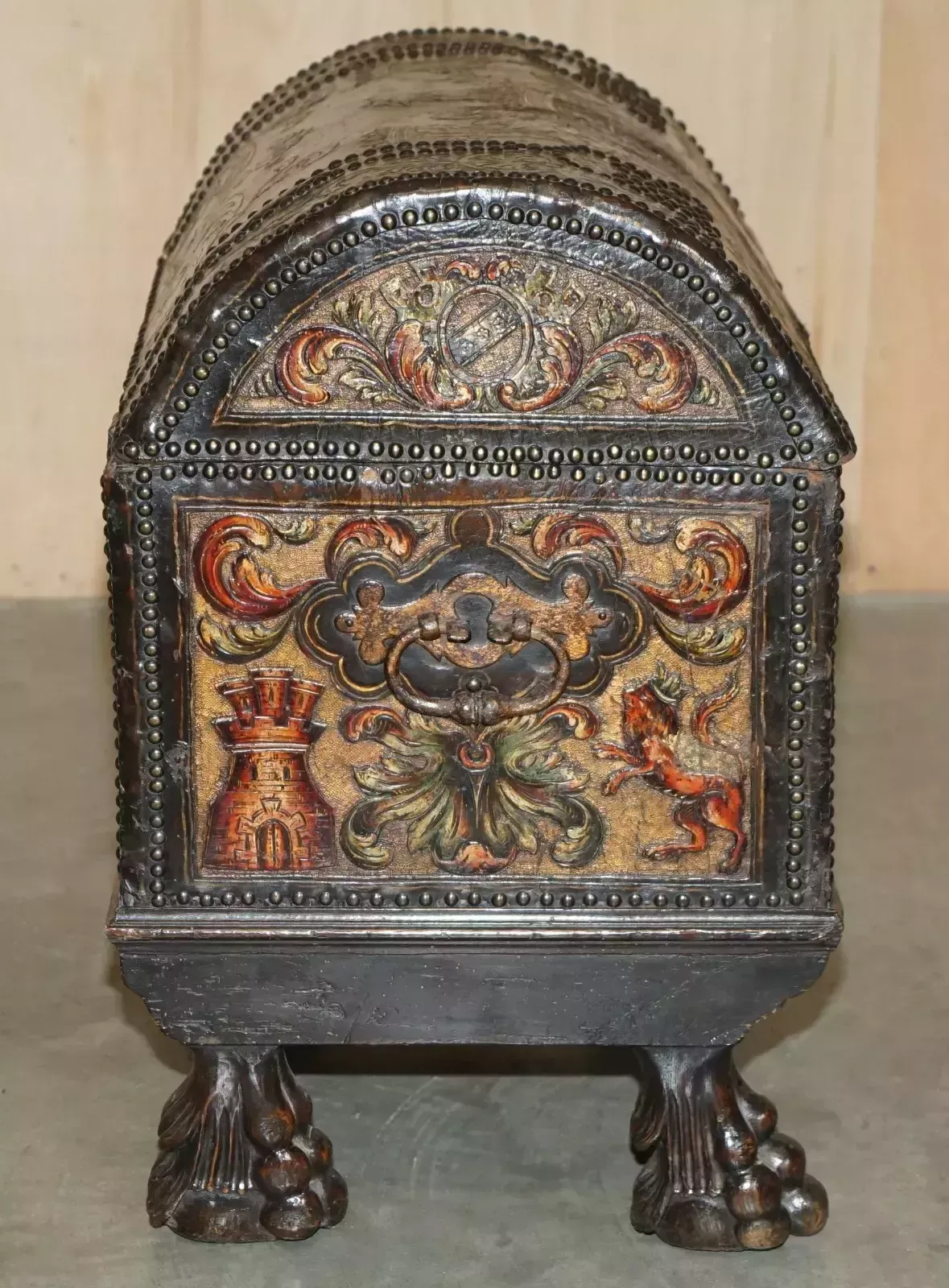 photo buy 18th Century Polychrome Painted Leather Armorail Crest Trunk Carved Walnut Feet