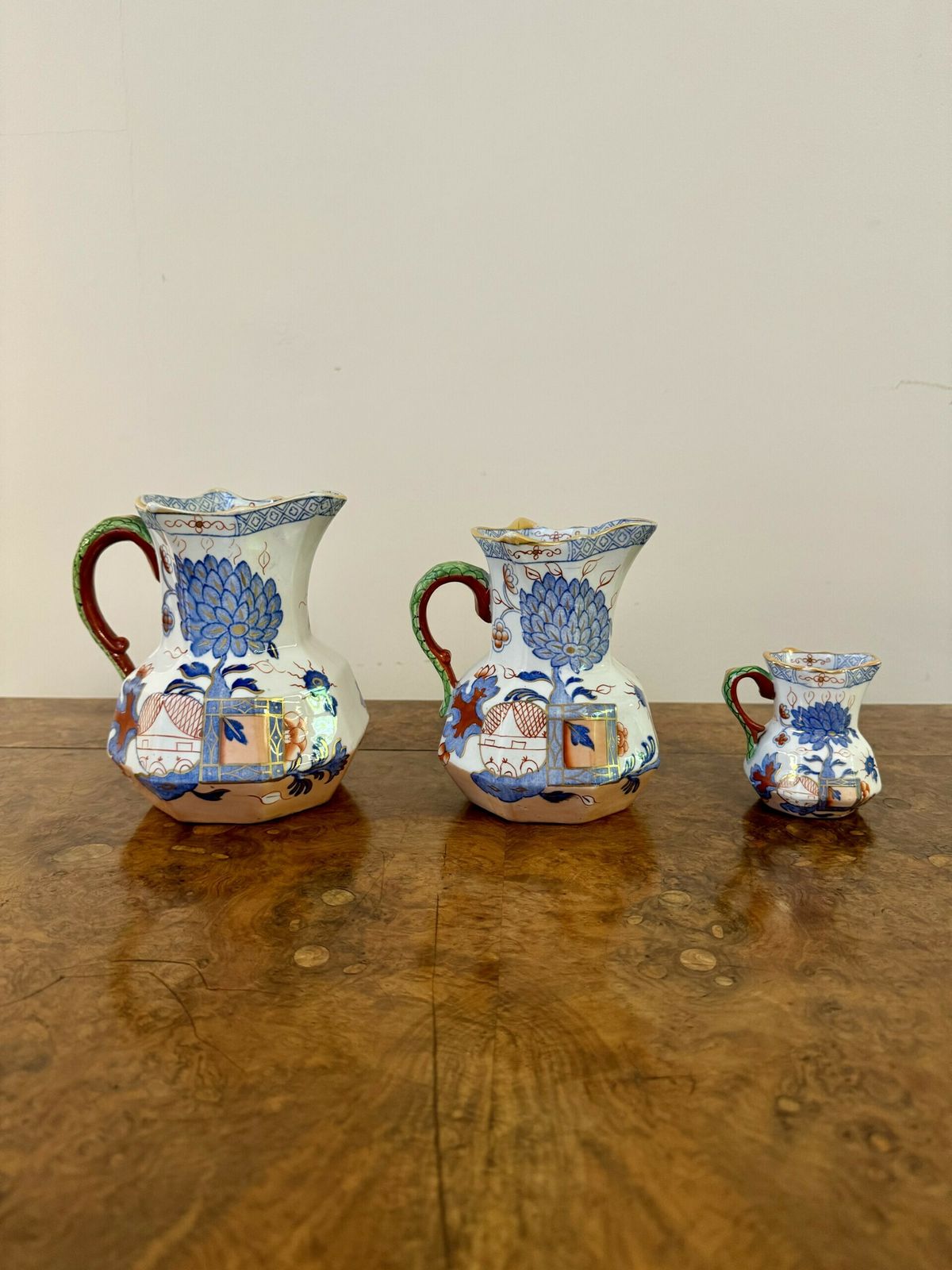 Rare Set Of Three Graduated Antique Masons Ironstone Hydra Jugs photo 265.0