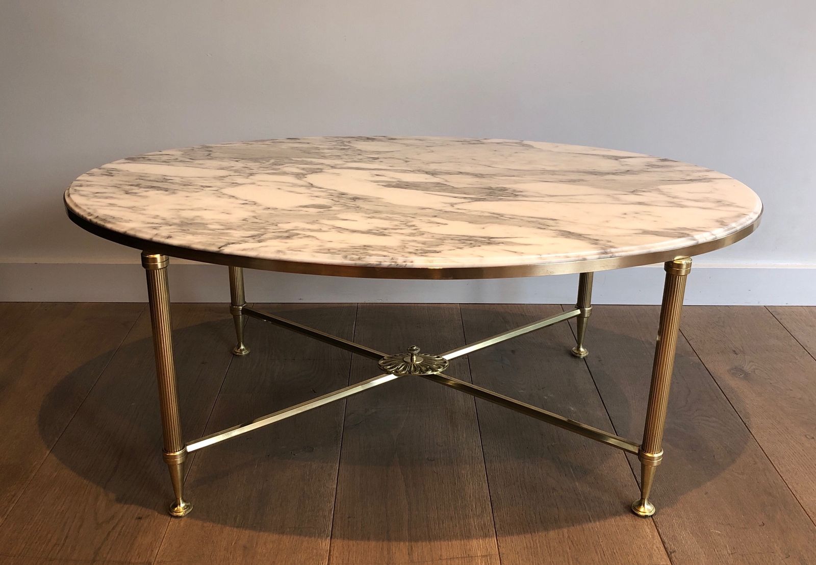 Neoclassical Style Oval Coffee Table In Brass And Carrara Marble Top From Maison Jansen