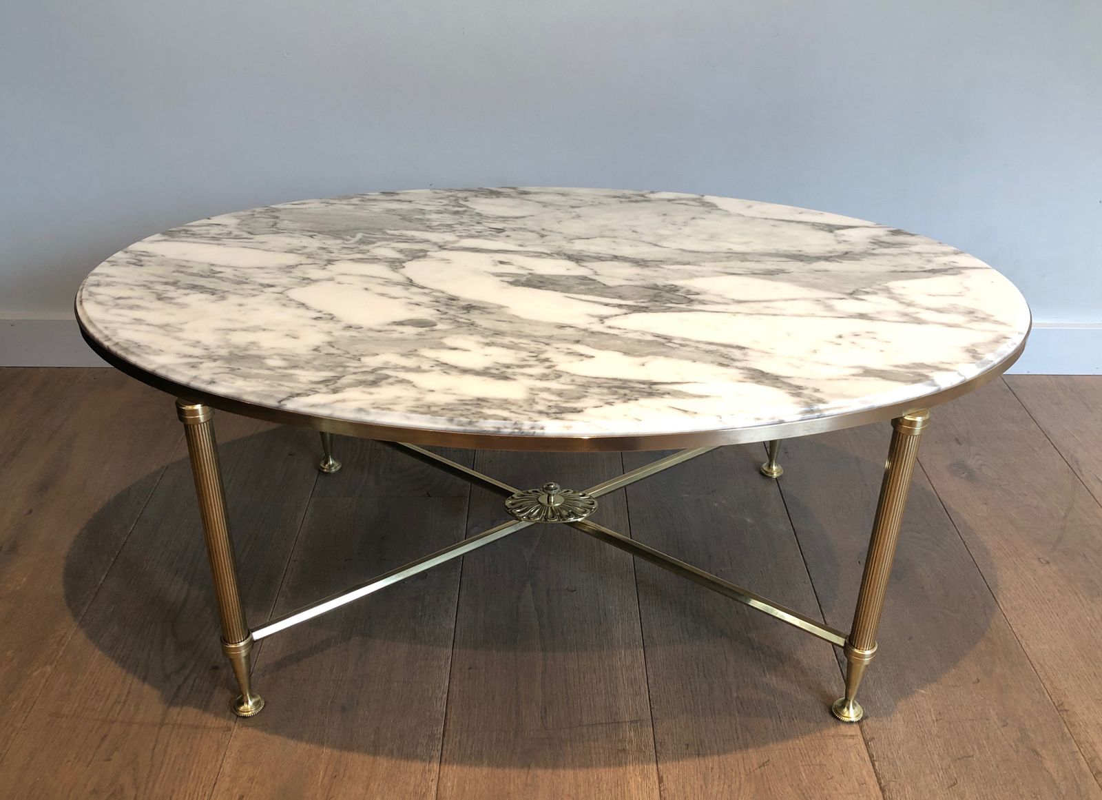 Neoclassical Style Oval Coffee Table In Brass And Carrara Marble Top From Maison Jansen photo for sale