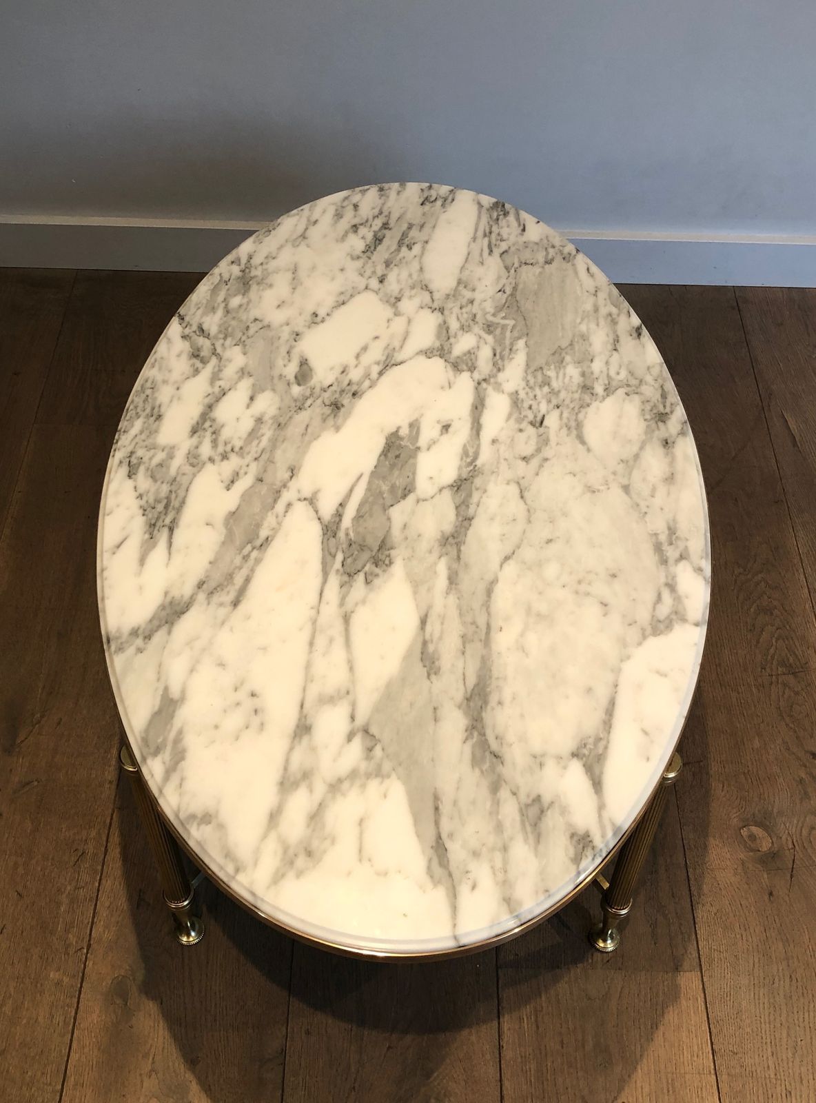 4850.0 Neoclassical Style Oval Coffee Table In Brass And Carrara Marble Top From Maison Jansen photo