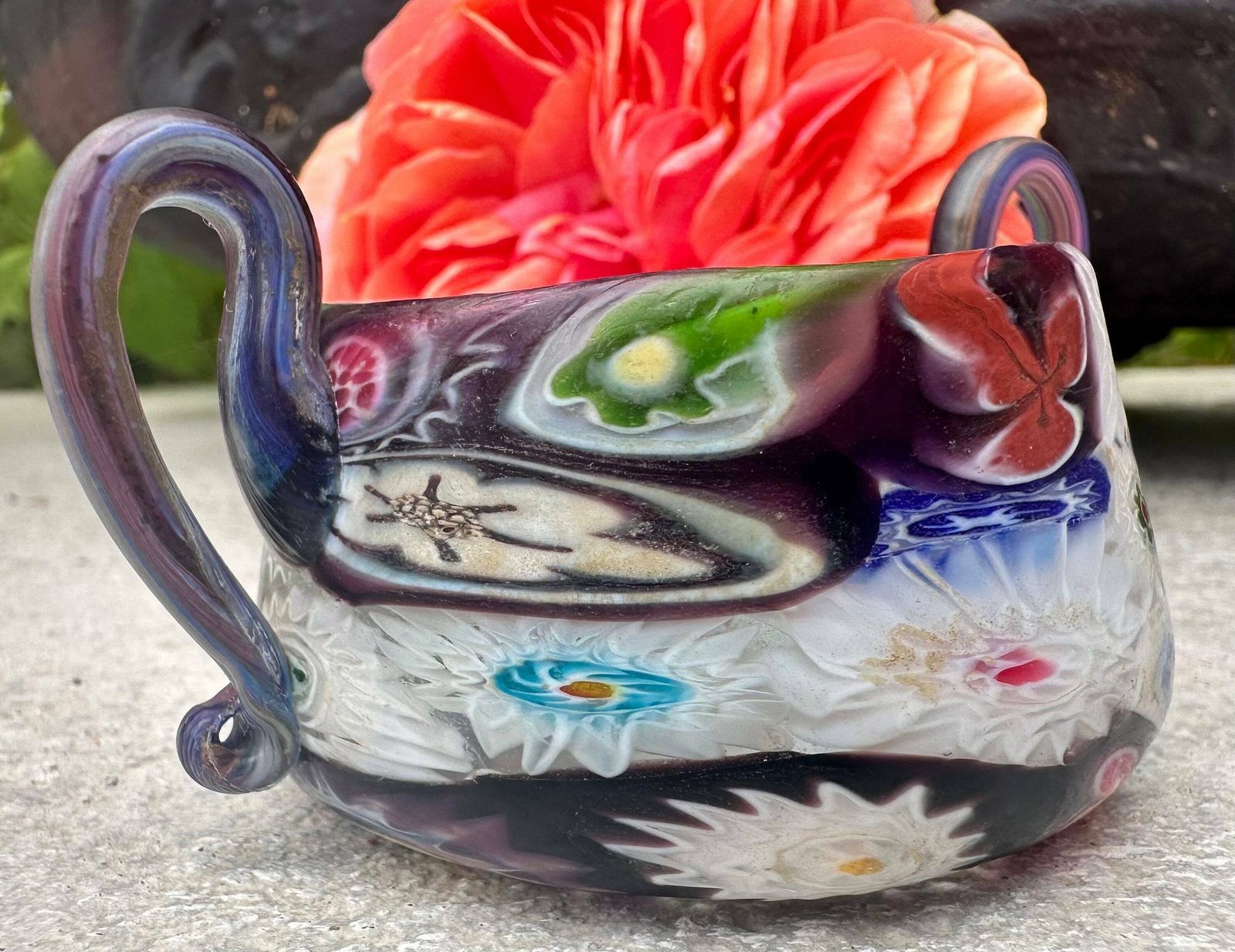 photo furniture Fratelli Toso Murano Millefiori Miniature Bowl With Handle C.1920, Italian Glass Art