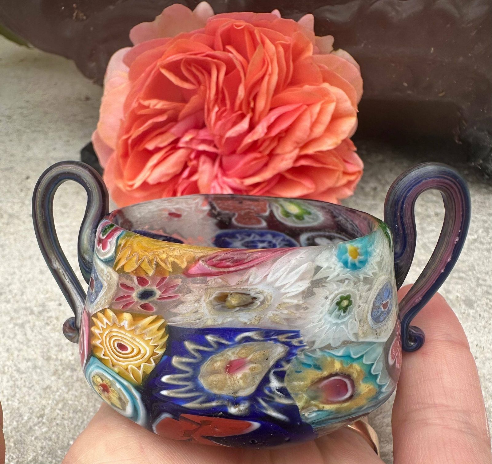 photo for sale Fratelli Toso Murano Millefiori Miniature Bowl With Handle C.1920, Italian Glass Art
