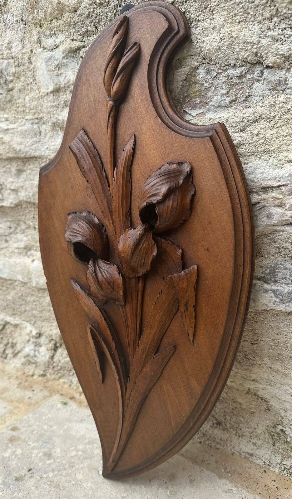 Unique Antique Flower Iris Wood Wall Art, Handmade Carved Panel, Gift For Her Or Him photo furniture