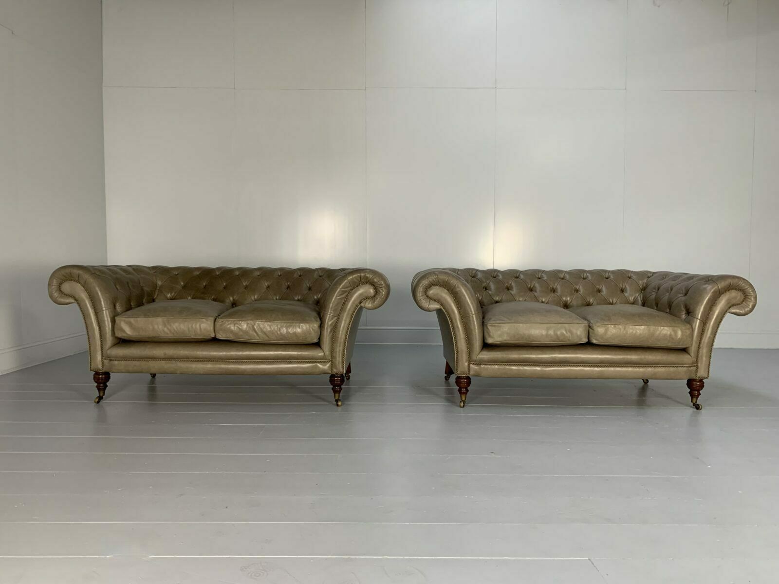 Pair Of Beaumont & Fletcher “Grenville” 2 Seat Chesterfield Sofas – In Grey Leather