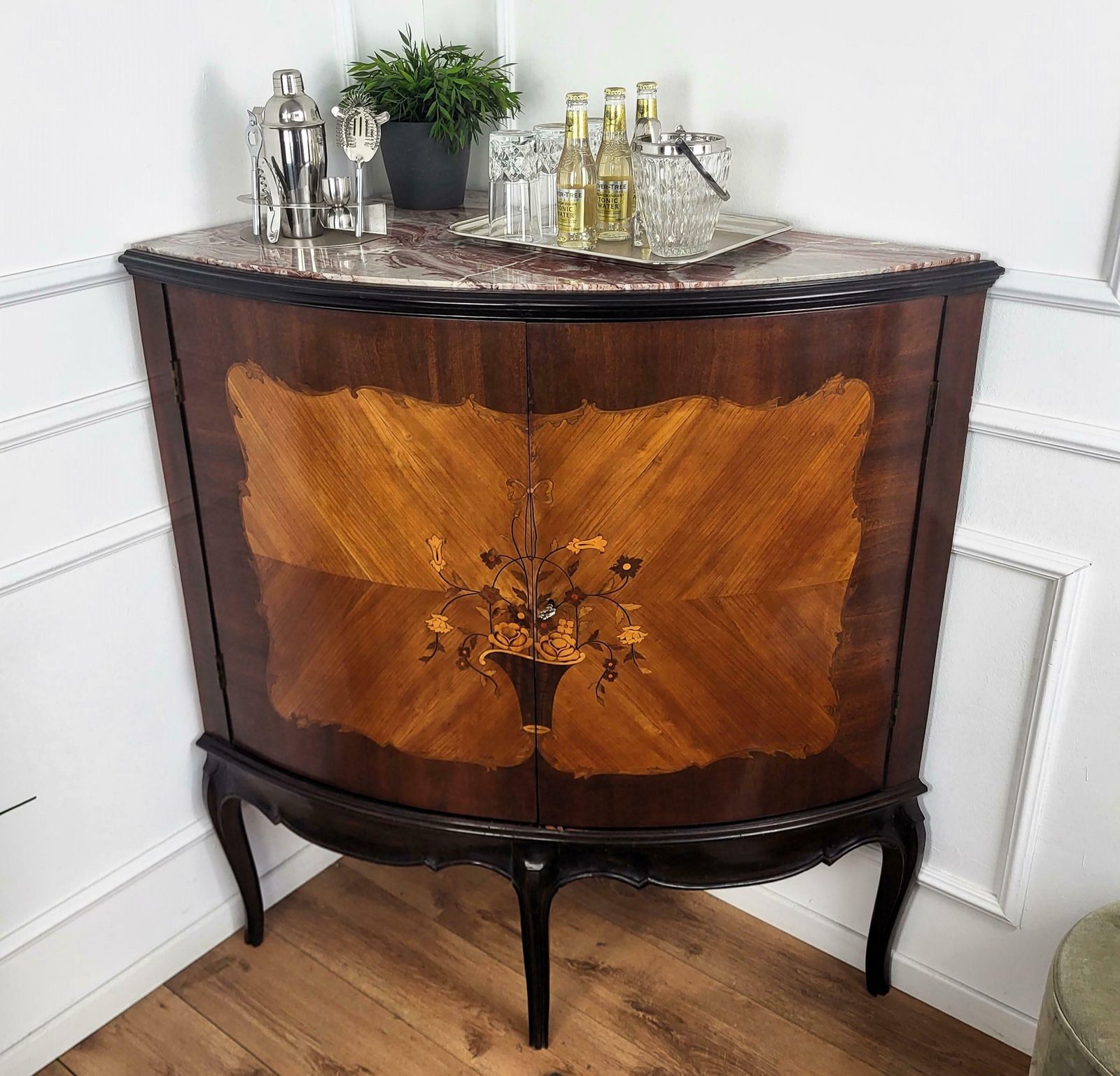 1950s Italian Art Deco Italian Walnut Mirror Mosaic Marble Bar Corner Cabinet photo furniture