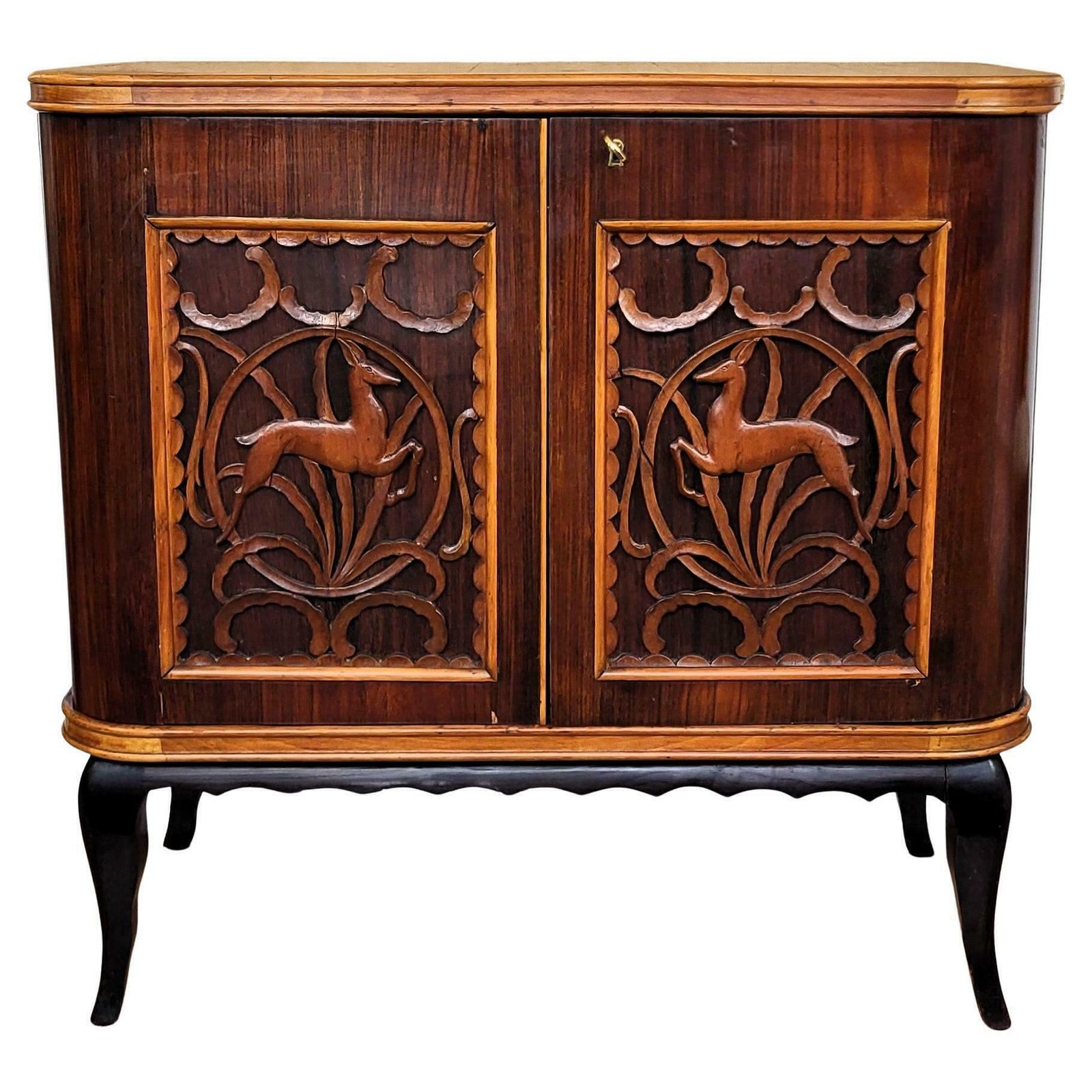 1960s Art Deco Mid Century Italian Forest Wildlife Carved Wood Dry Bar Cabinet