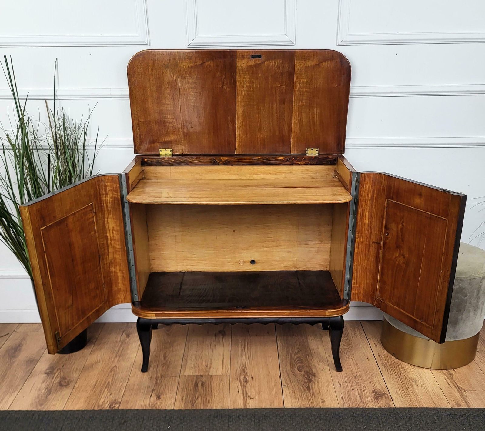 photo furniture 1960s Art Deco Mid Century Italian Forest Wildlife Carved Wood Dry Bar Cabinet