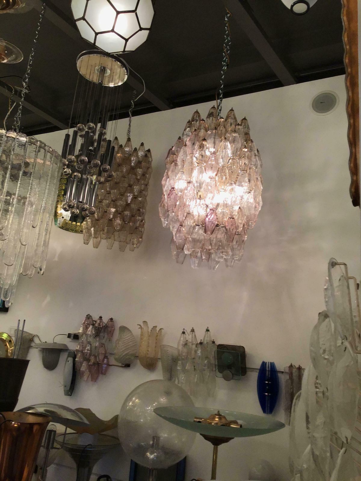 photo furniture Venini Chandelier Carlo Scarpa Poliedri 1950 Murano Glass Iron Brass, Italy