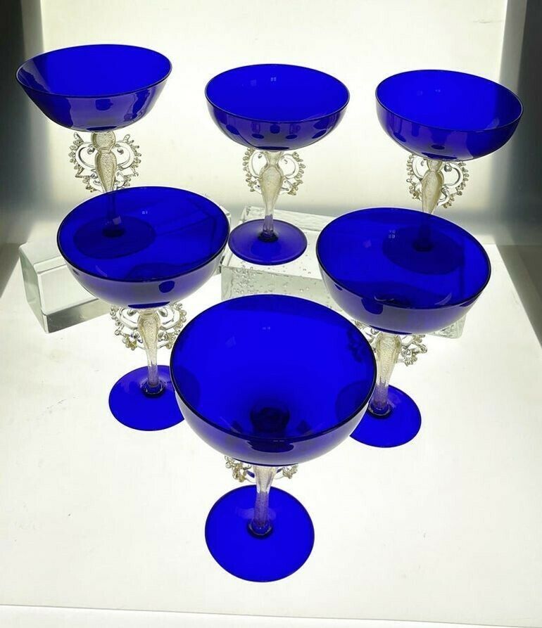 Set Of 6 Of 12 Cenedese Champagne Goblets Murano Cobalt Glass Gold Accent Signed photo Home Decor