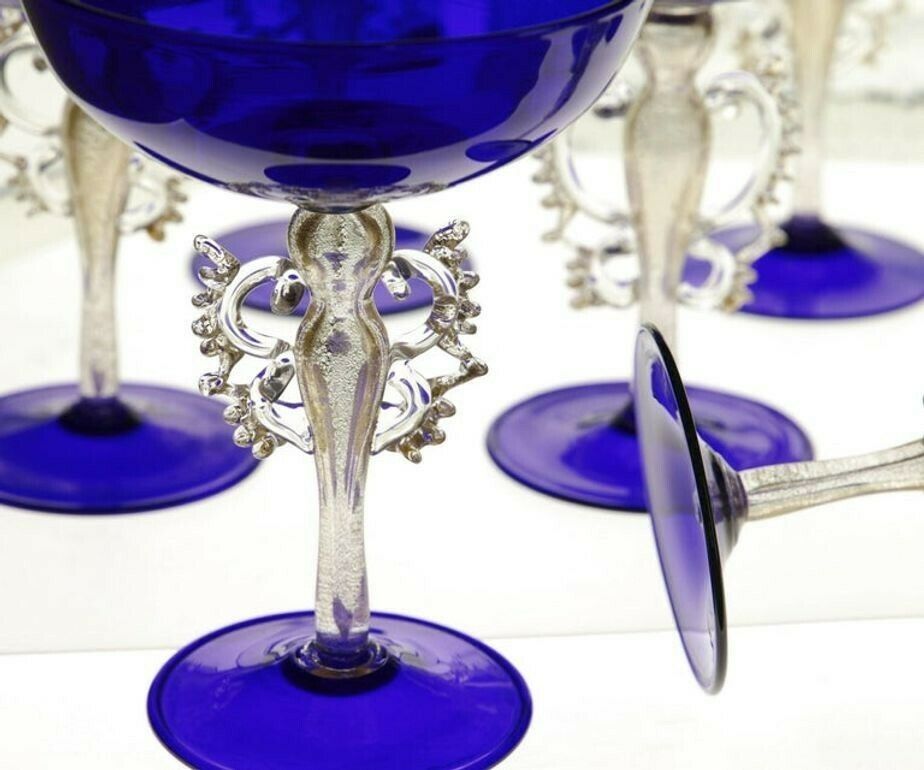 photo furniture Set Of 6 Of 12 Cenedese Champagne Goblets Murano Cobalt Glass Gold Accent Signed