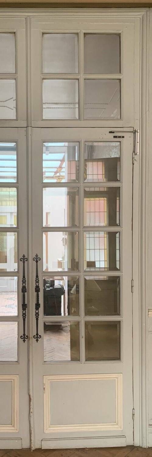 1464.975 Double Separation Doors With Transom And Beveled Glass 20th Century photo