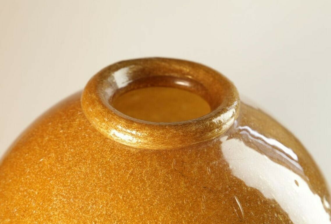 Seguso For Bisazza Pair Mustard Murano Pulegoso Vase Gold Rim, 1993 Signed photo for sale