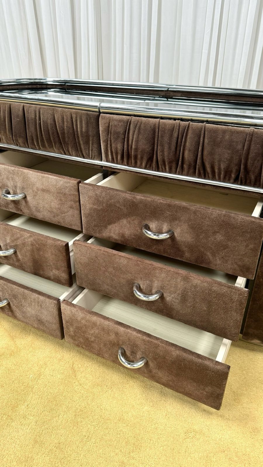 Superb 1970’s Brown Suede Vanity Dresser photo for sale