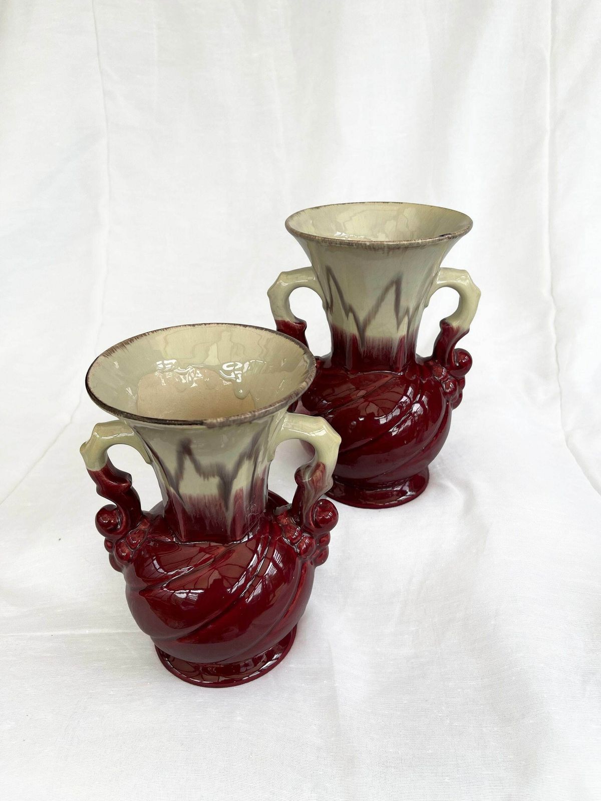 An Attractive Pair Of Mid Century Fat Lava Glaze German Handled Vases photo vintage