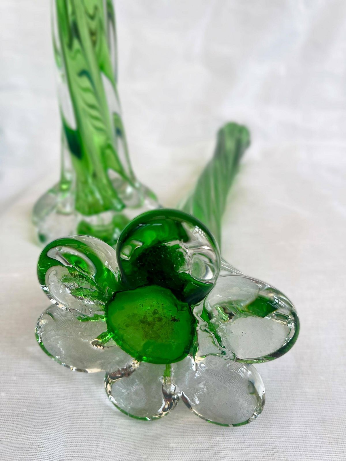 A Pair Of Uranium Green French Vintage Twist Stem Vases. Art Glass Flower Sleeves, Circa 1950. photo for sale