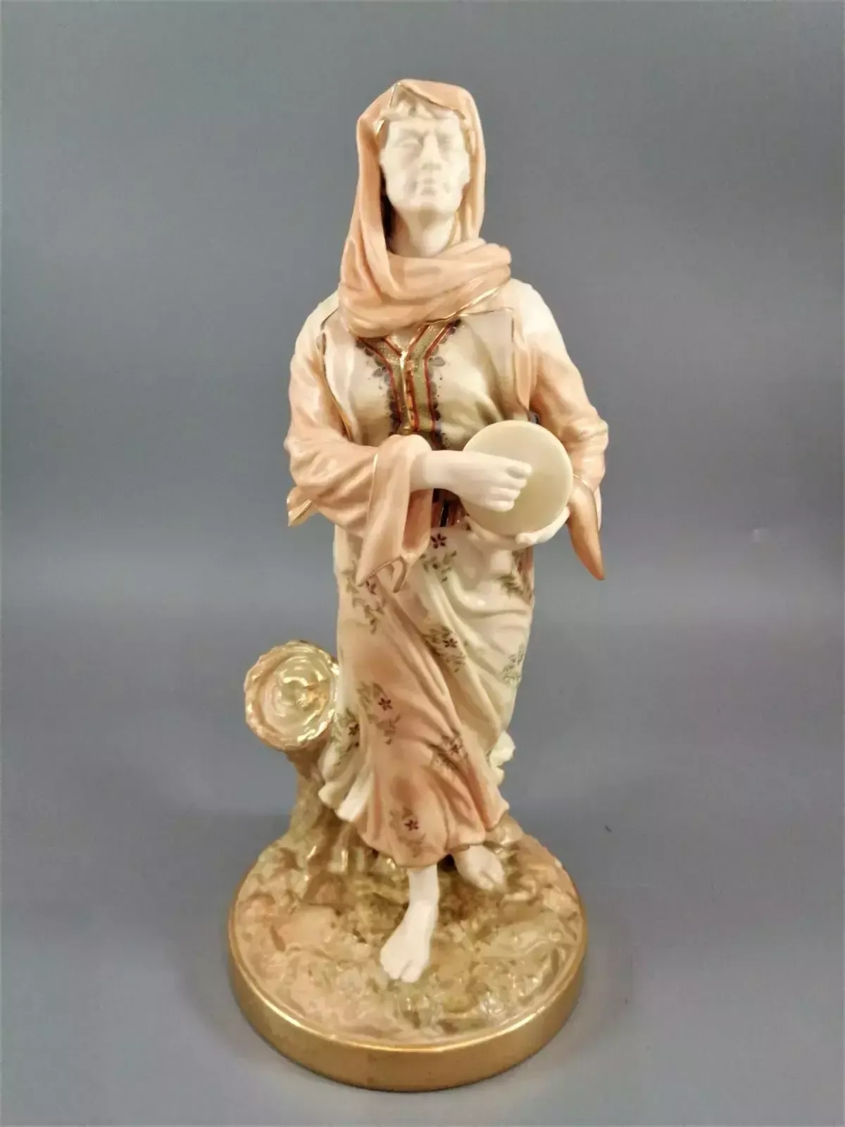 A Rare Royal Worcester Figurine Titled "Musician," Depicting A Lady With A Drum photo vintage