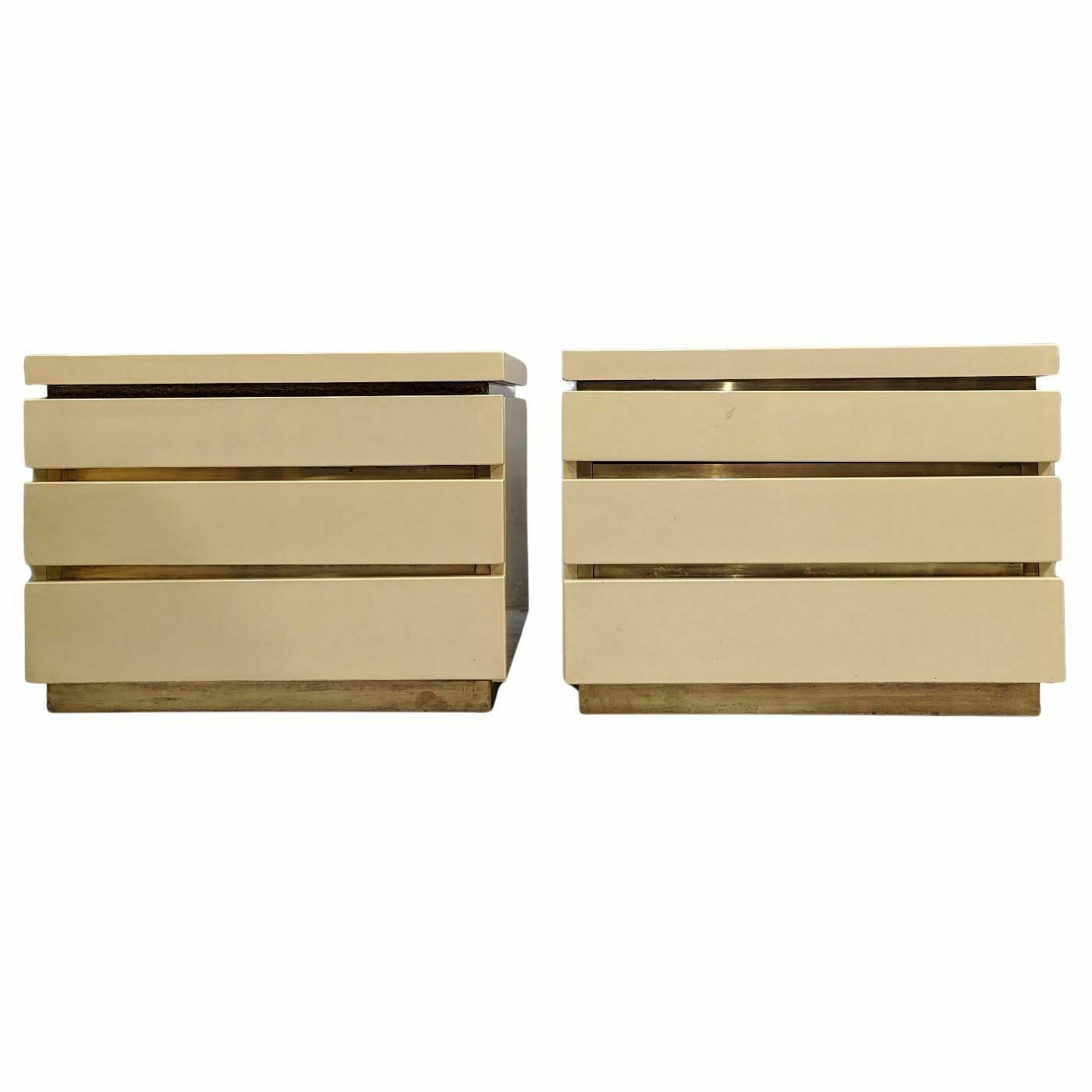 Pair Of Small Chest Of Drawers With 3 Cream Lacquered Drawers From The 80s By Jean Claude Mahey