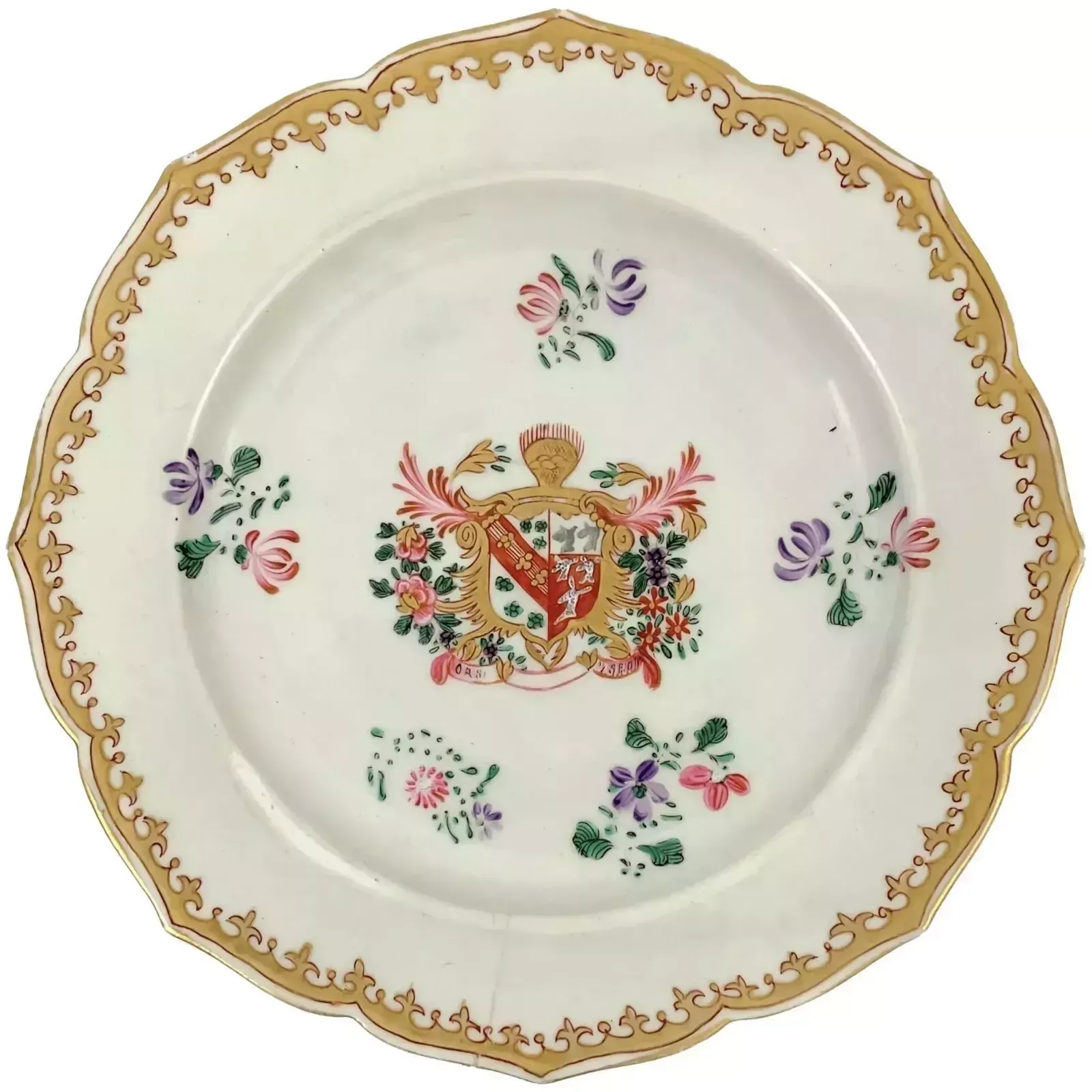 18th Century Porcelain Chinese Export Armorial Plate, Deer/Dogs Coat Of Arms