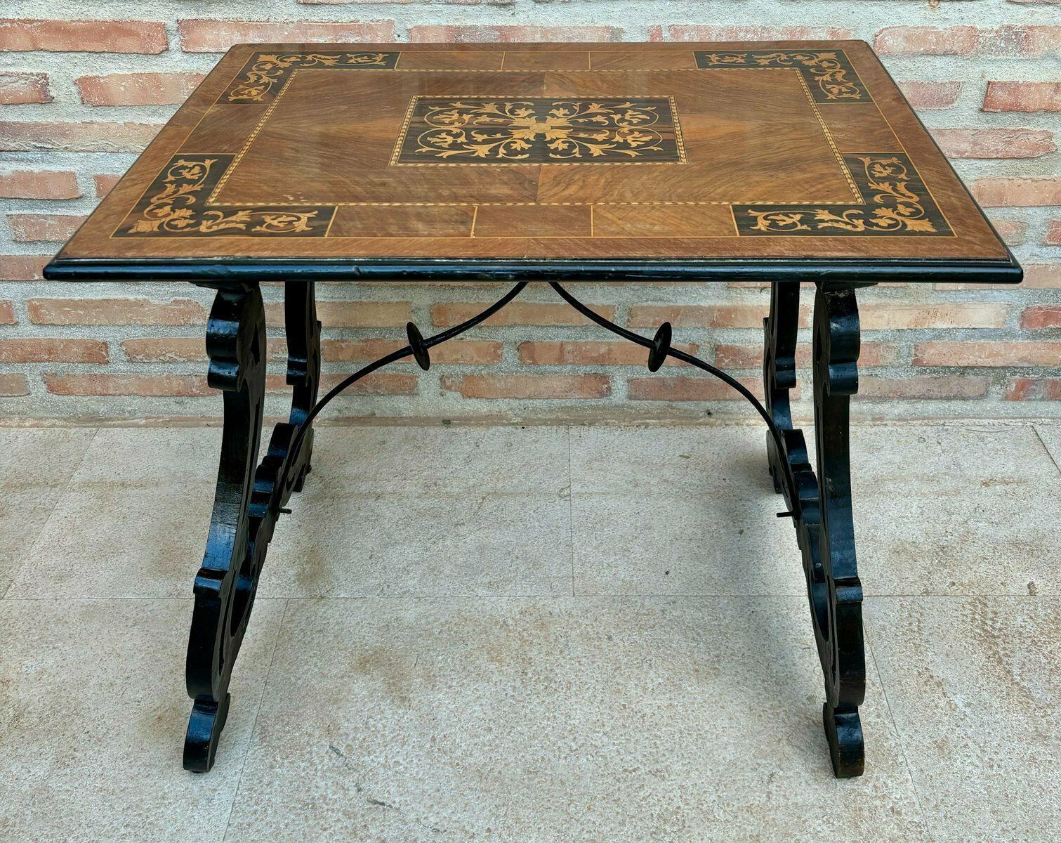 Spanish Baroque Side Table With Lyre Legs And Marquetry Top, 1850 photo vinterior