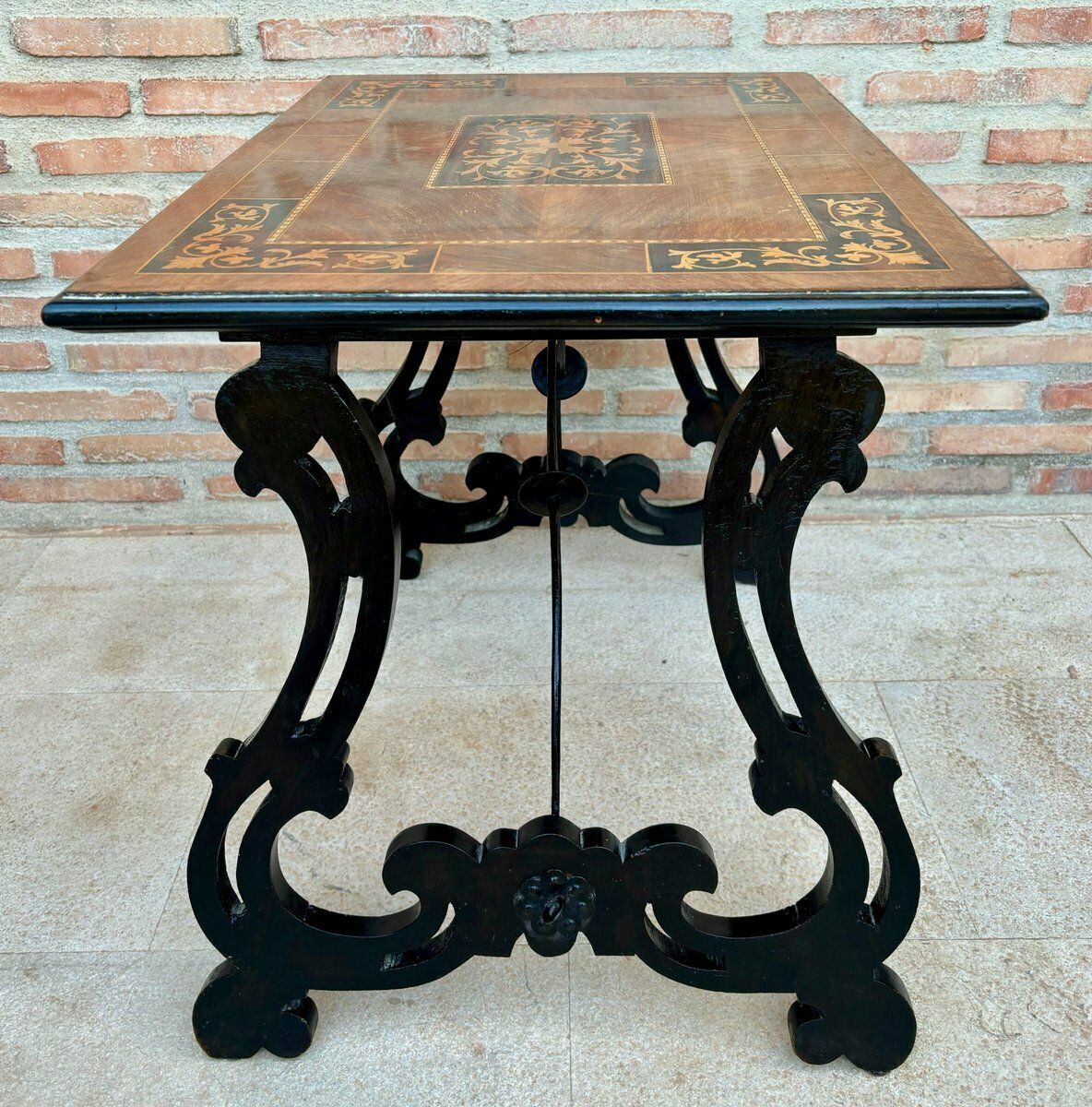 Furniture Spanish Baroque Side Table With Lyre Legs And Marquetry Top, 1850 photo