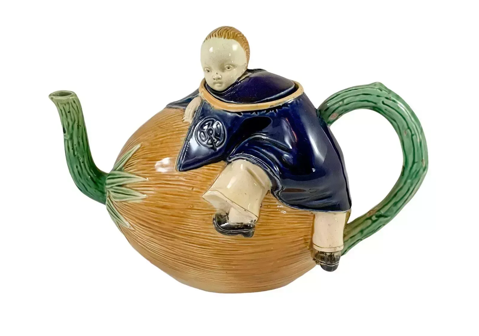 Antique Joseph Holdcroft Majolica Teapot Chinese Boy On A Melon,с.1870.Very Rare