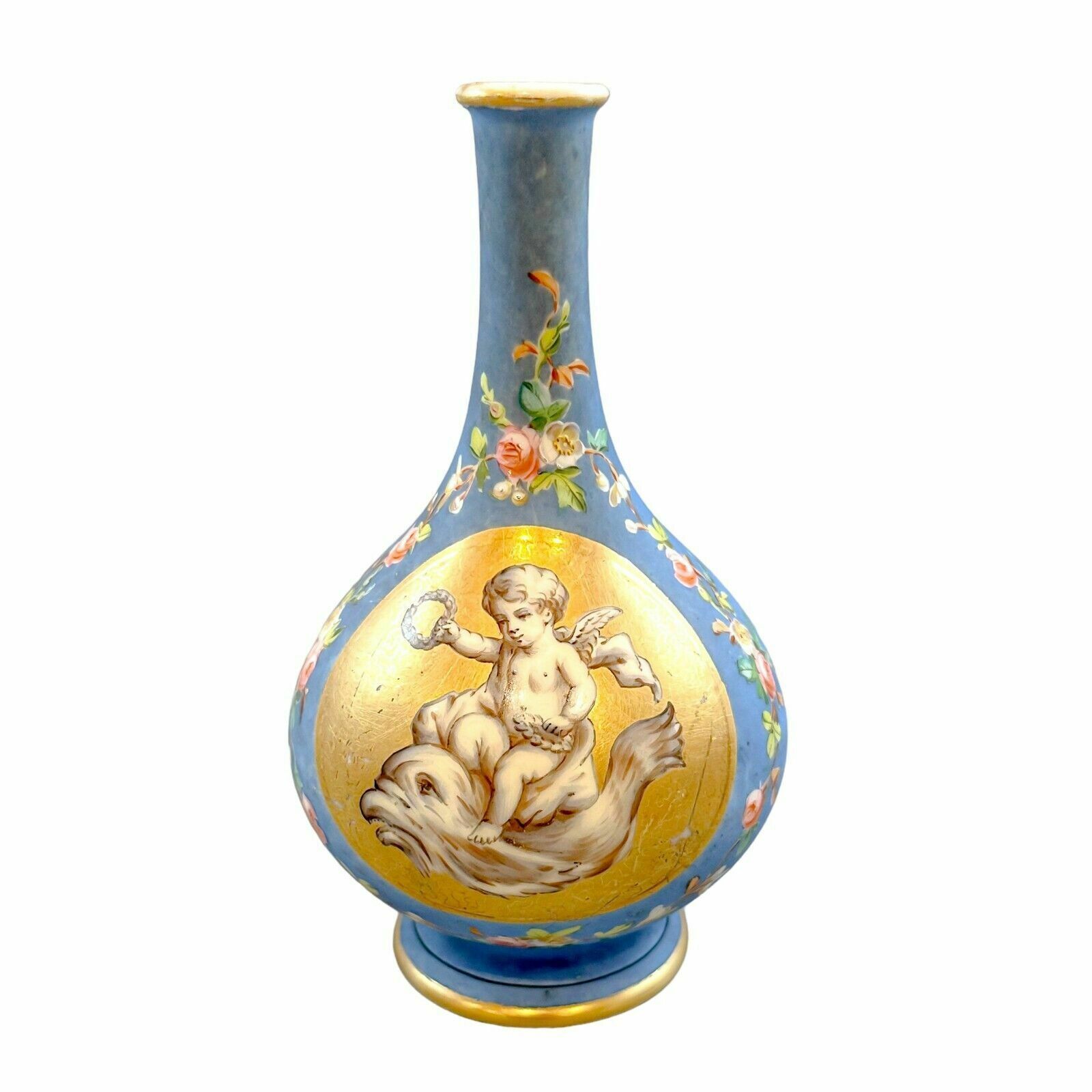 Antique French 19th Century Onion Shaped Blue Porcelain Vase Cherub Sea Monster
