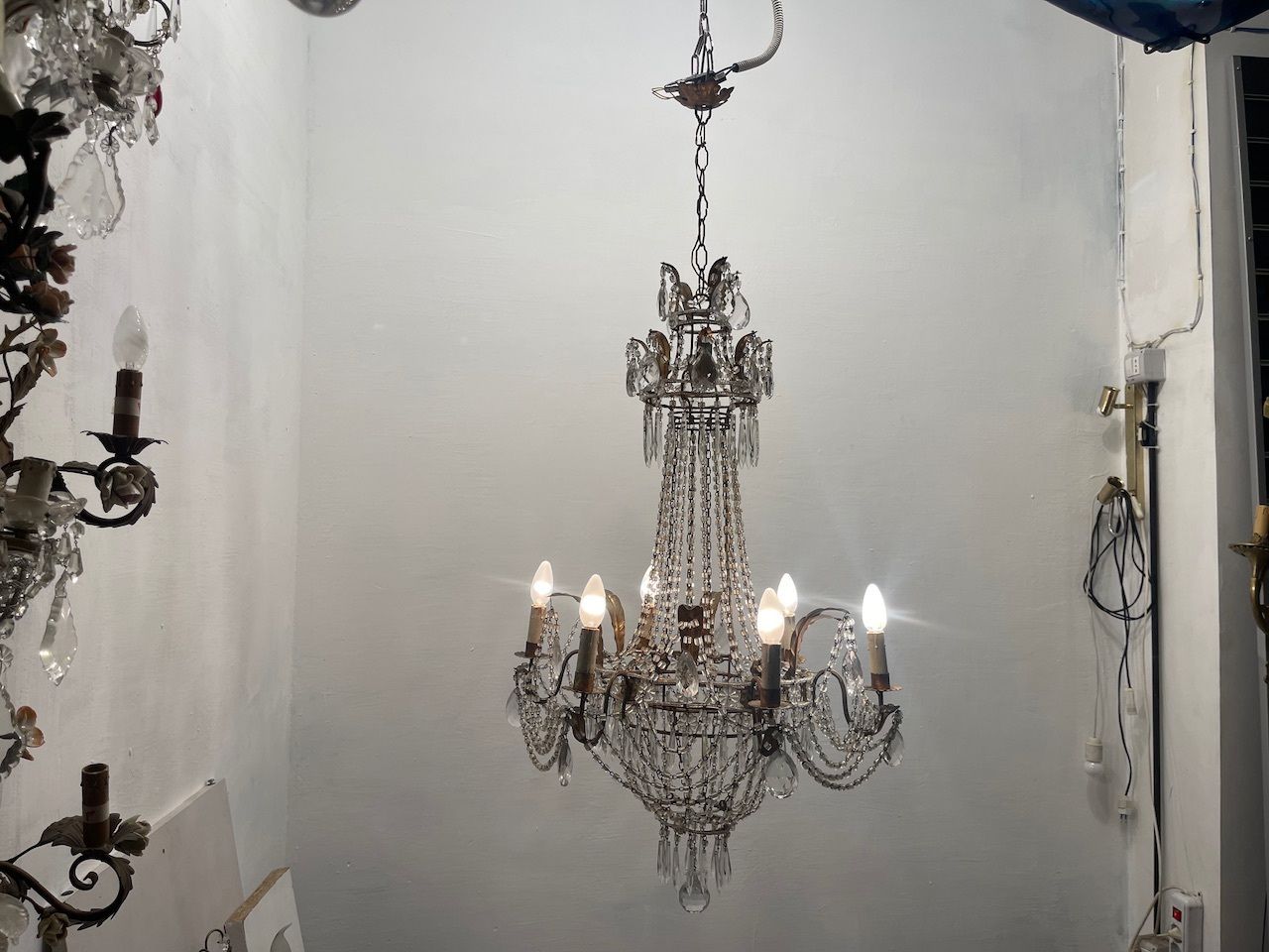 Tole Florentine Italian Macaroni Crystal Chandelier From The 1940s photo vinterior