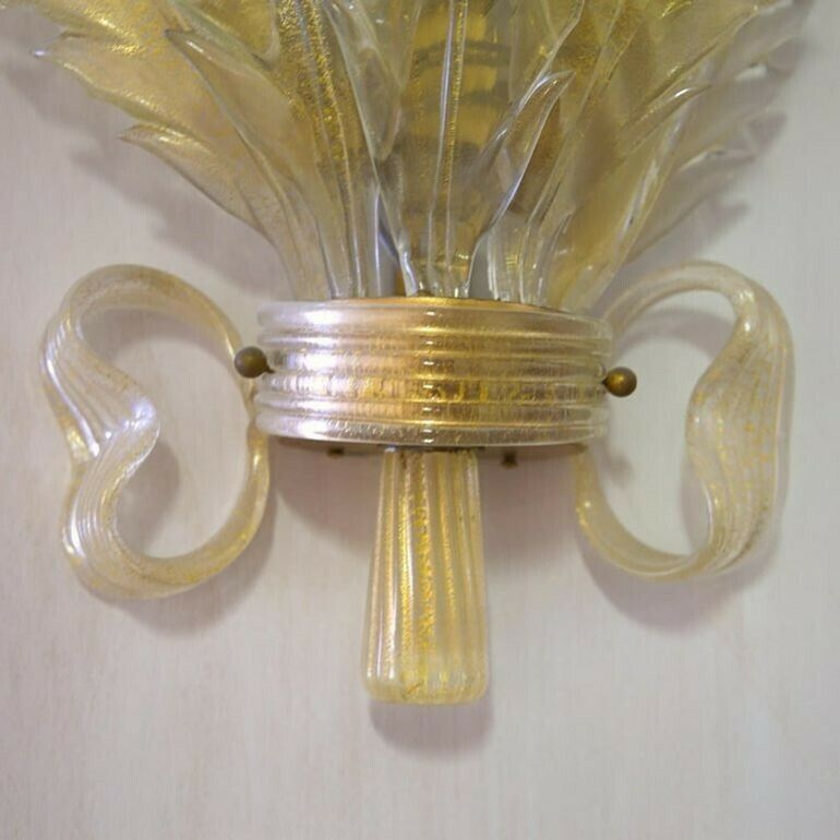 Seguso Pair Of Sconces, Murano Glass With Gold Leaf, Tulips, Leaves And Bow Deco photo for sale