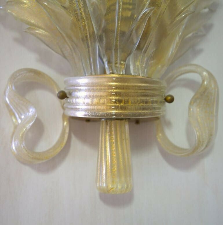Seguso Pair Of Sconces, Murano Glass With Gold Leaf, Tulips, Leaves And Bow Deco photo buy
