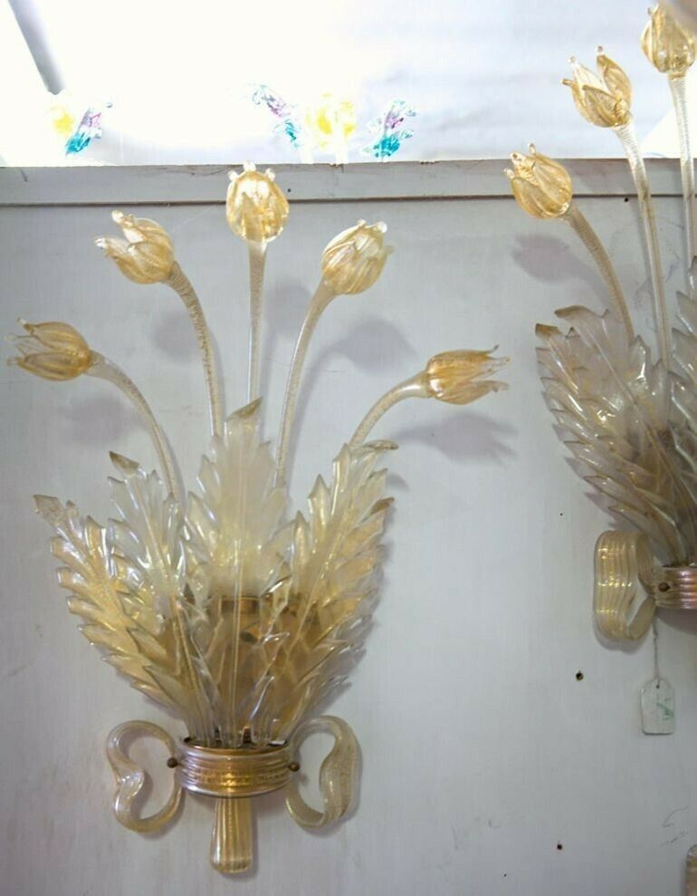 Seguso Pair Of Sconces, Murano Glass With Gold Leaf, Tulips, Leaves And Bow Deco photo vintage