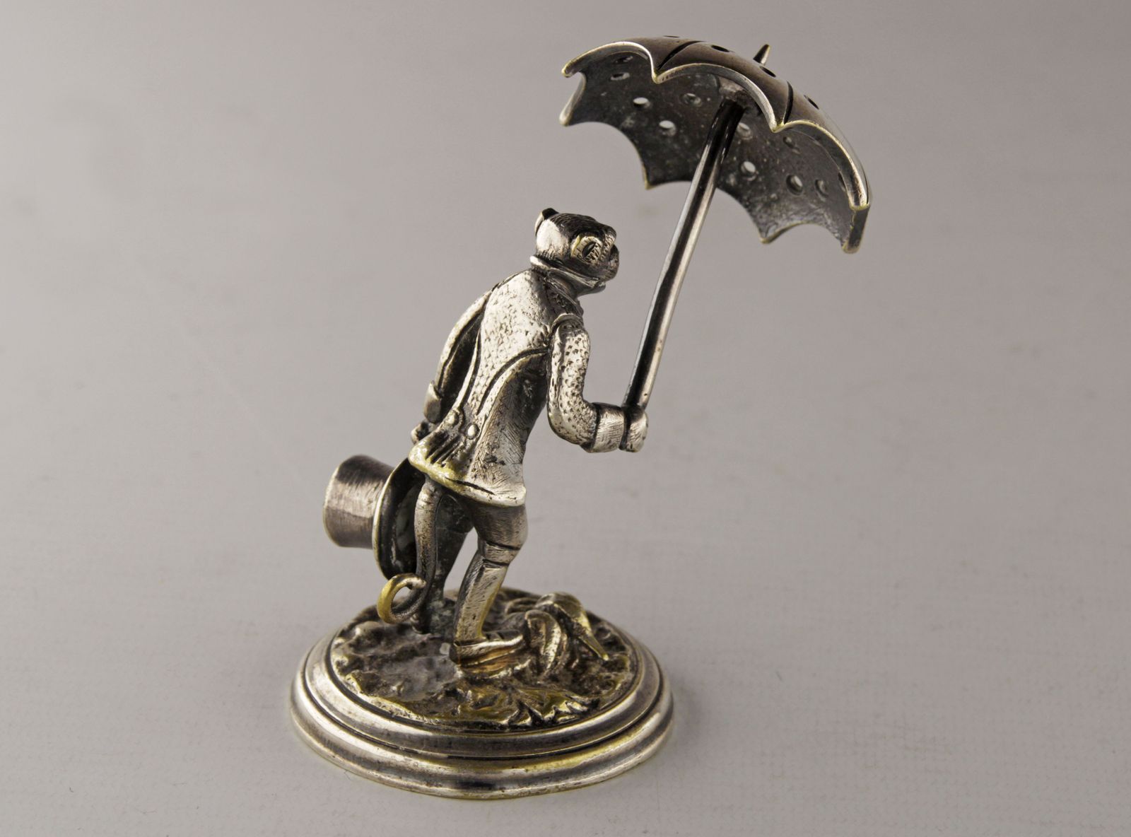Silvered Bronze Toothpick Holder Of Dressed Monkey With Umbrella And Top Hat photo Art